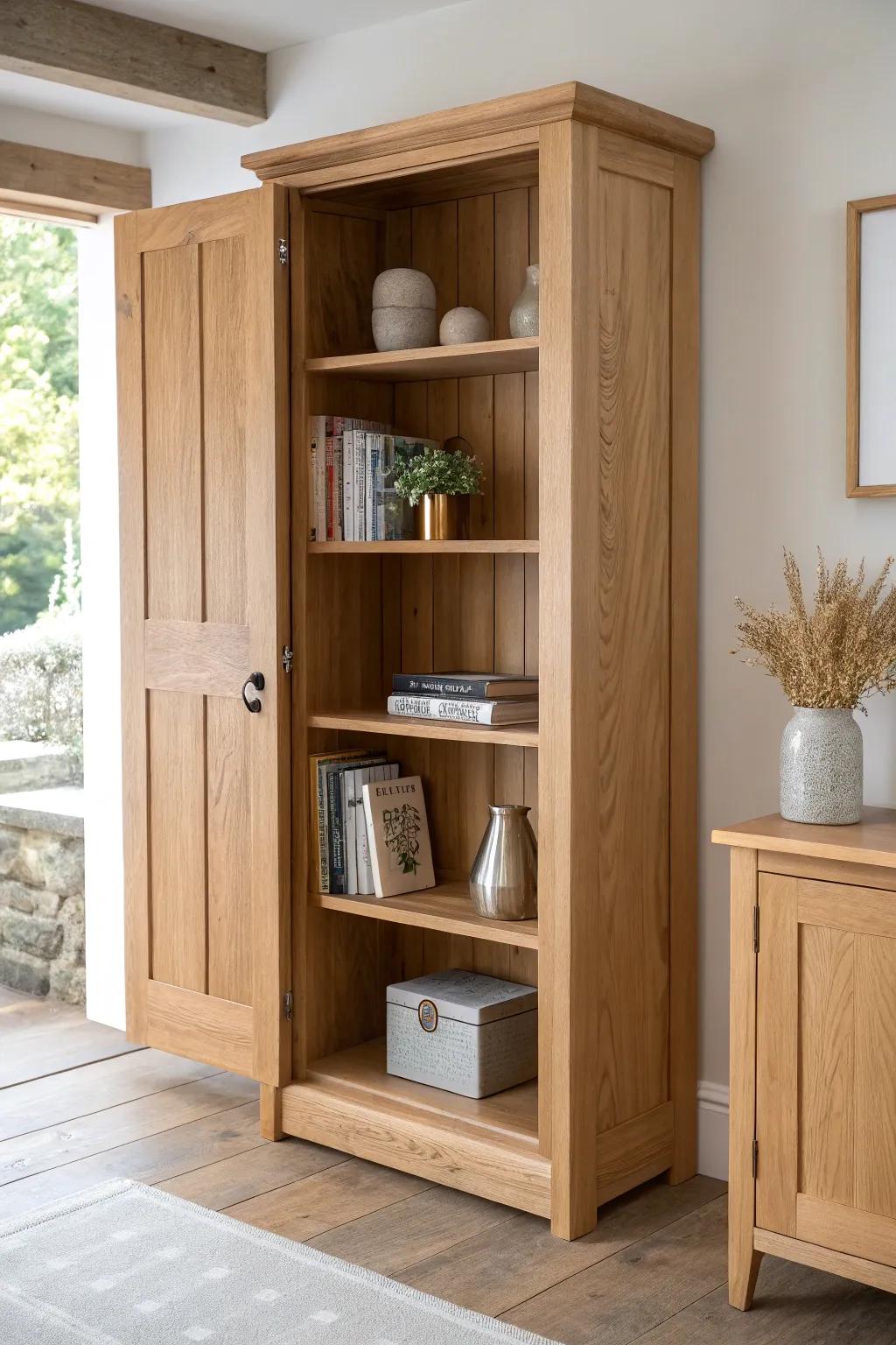 A bookcase door that swings open to reveal a hidden pantry—tiny house storage magic in oak.