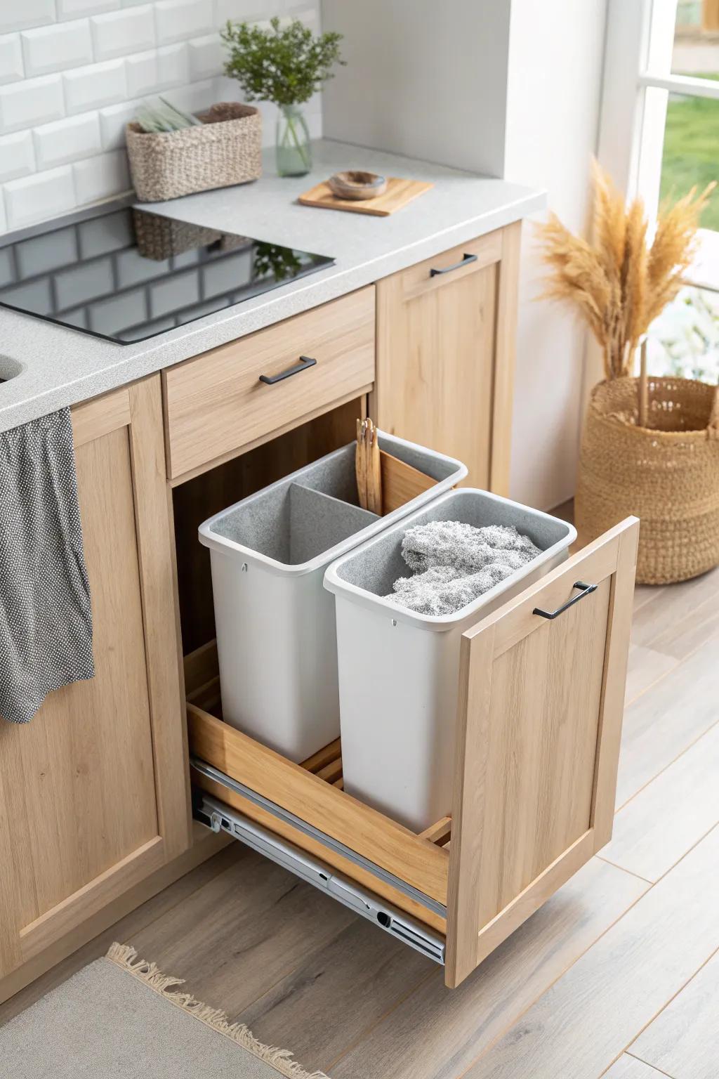 A slim 9-inch pull-out turns wasted space into a tidy compost + recycling station.