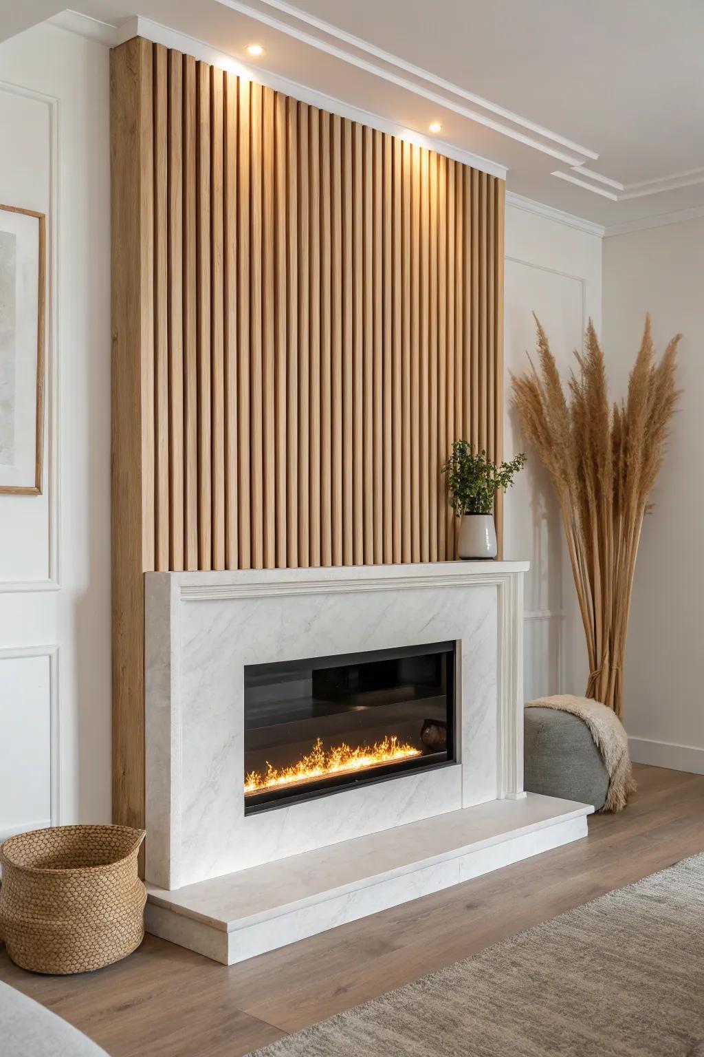 A warm backlit wood slat panel turns your fireplace wall into a cozy, high-end focal point.