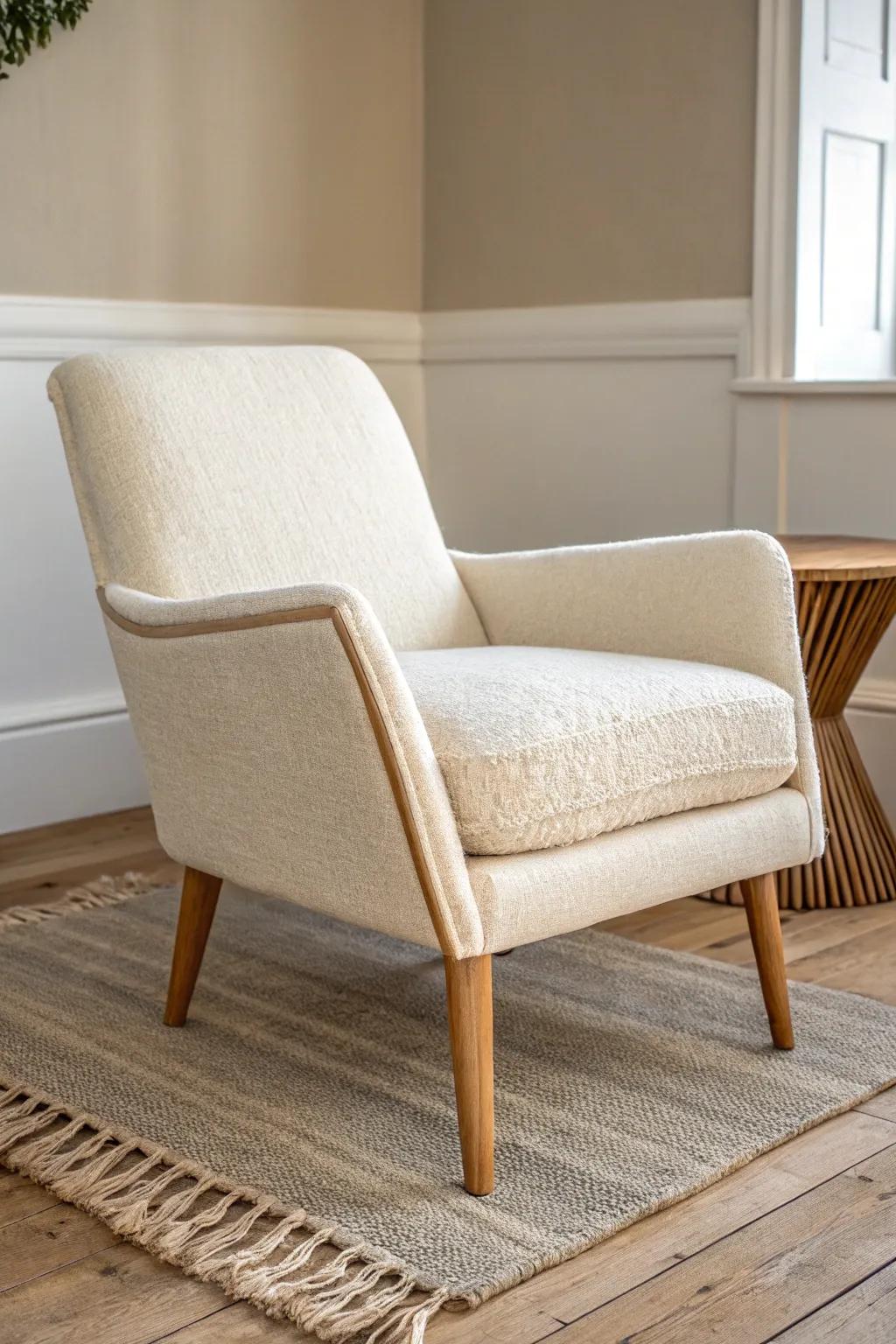 Thrifted chair, fresh oak legs—an easy bedroom accent upgrade with a high-end Scandinavian vibe.