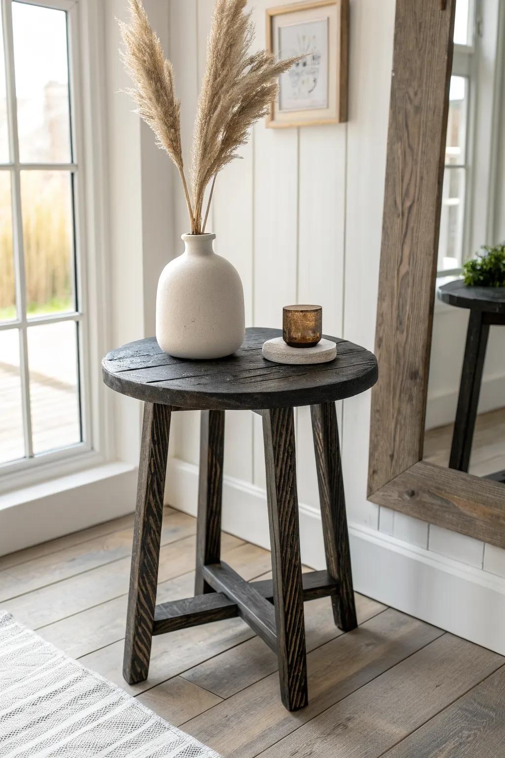 Moody charred wood, bright room—an accent table that grounds the space with chic contrast.