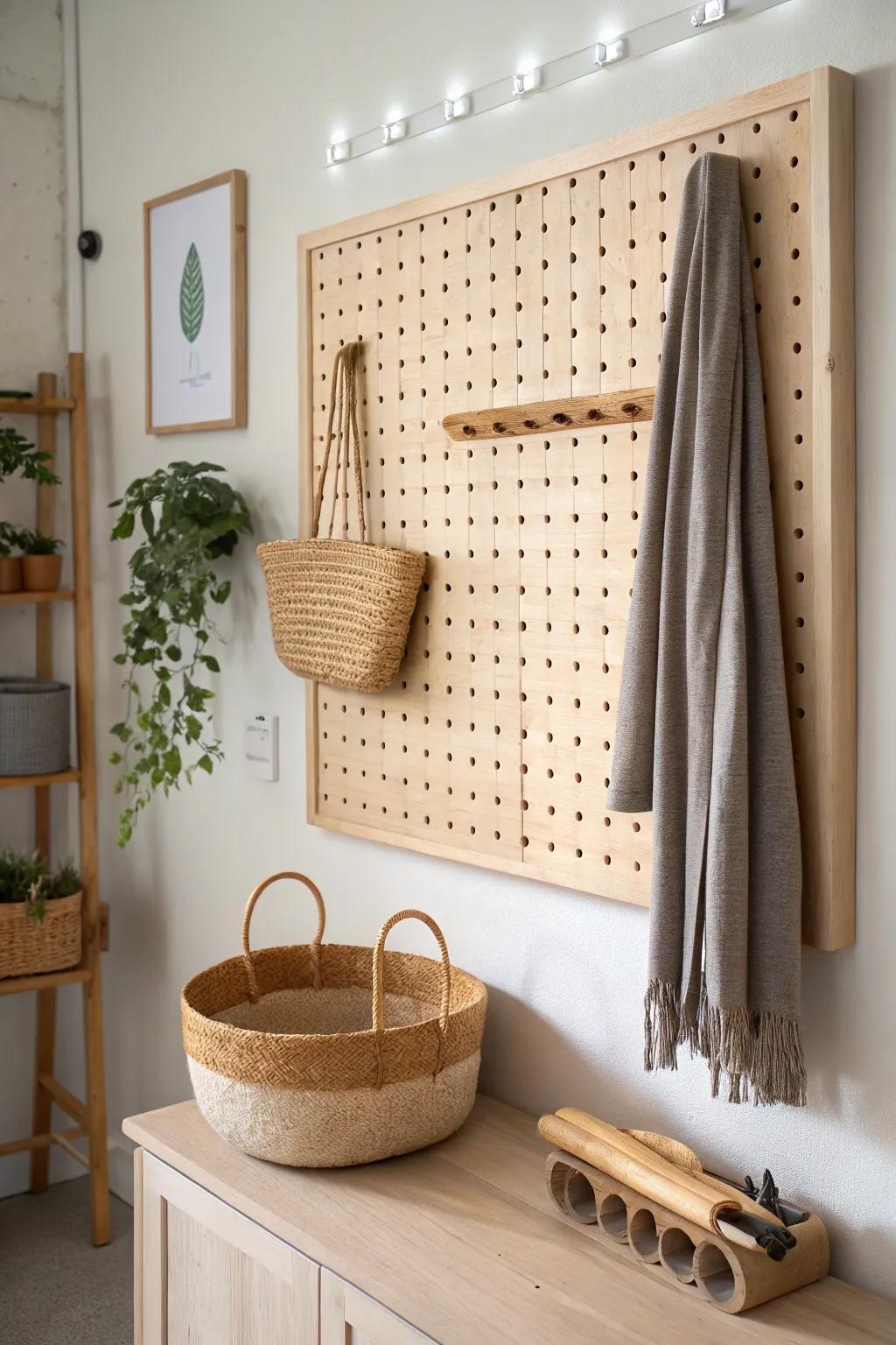 A floating oak pegboard with a soft halo backlight—minimal, cozy, and perfectly curated.