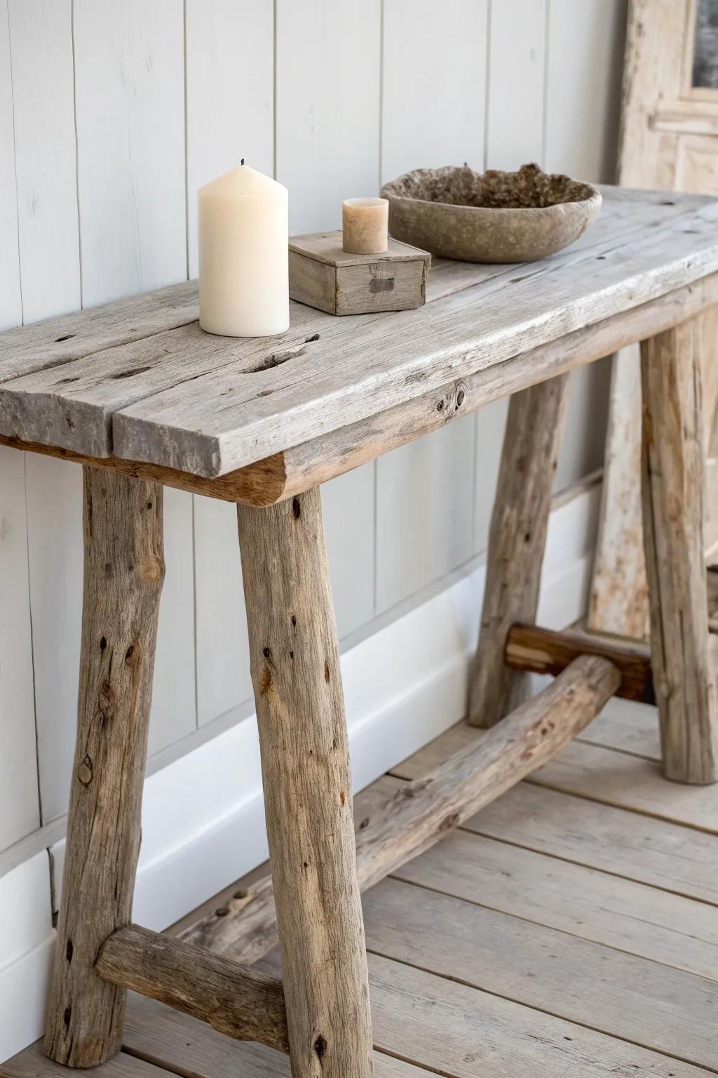 Driftwood altar table with a soft matte finish—coastal, minimal, and beautifully handcrafted.