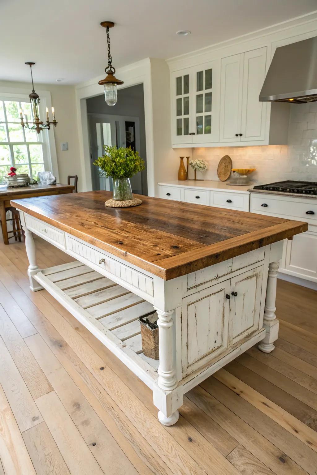 Reclaimed bowling lane top + antique base—bold striping, timeless patina, instant wow island.