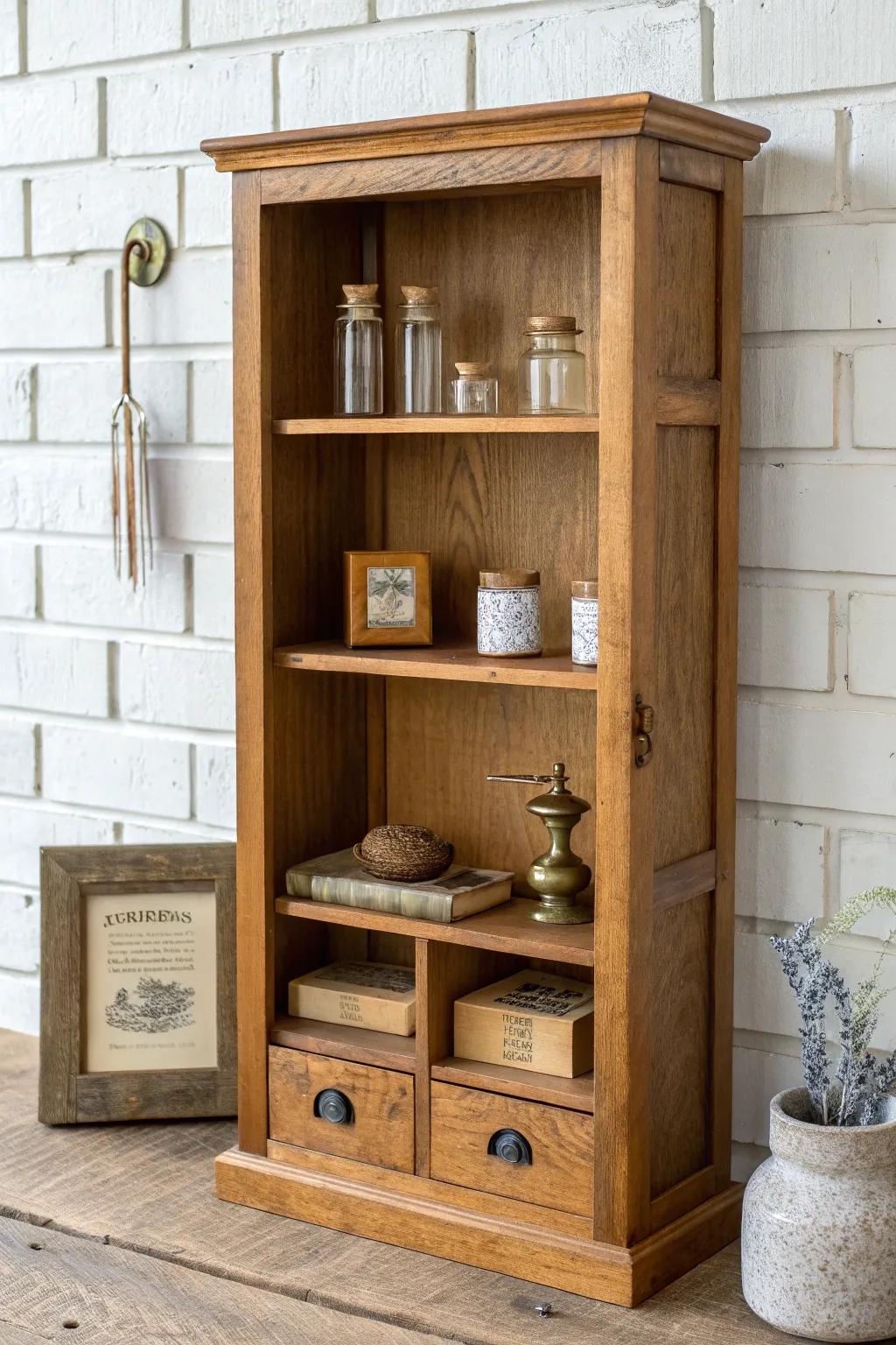 A tall oak curiosity cabinet shelf—tiny antiques, brass accents, and jars styled to feel curated.