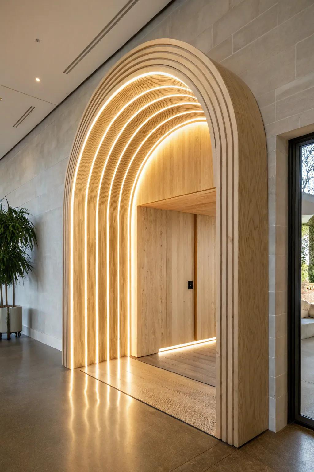 Backlit nested wood arches create a soft glow—minimal boho warmth for any entry.