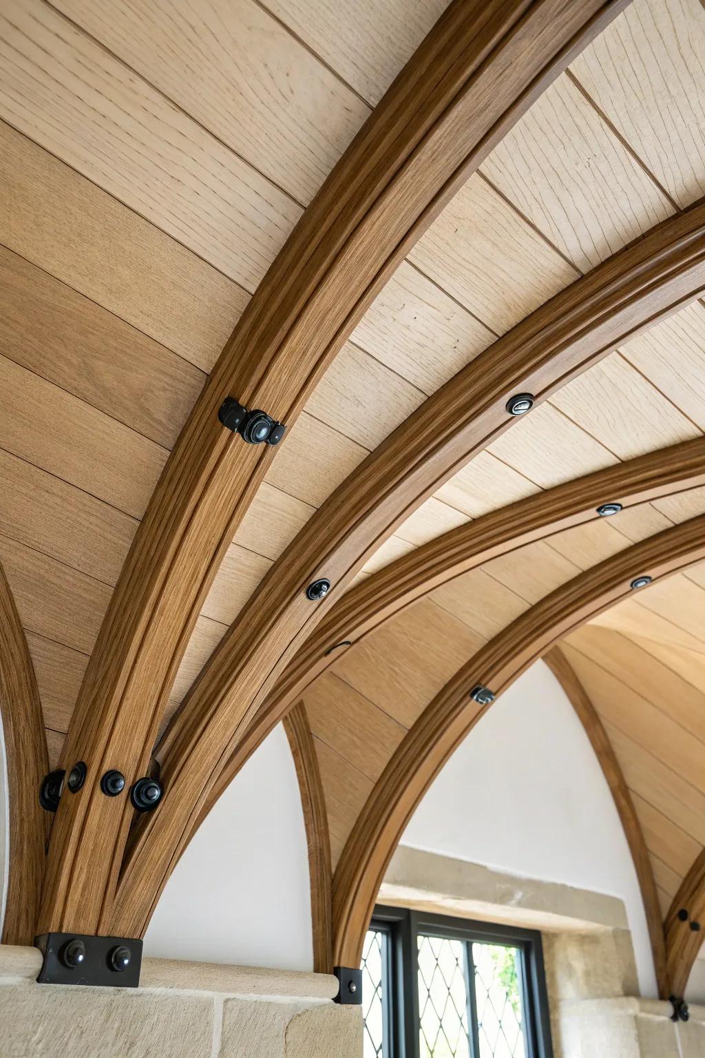 Matte-black metal straps tracing a warm oak arch add subtle industrial structure and charm.