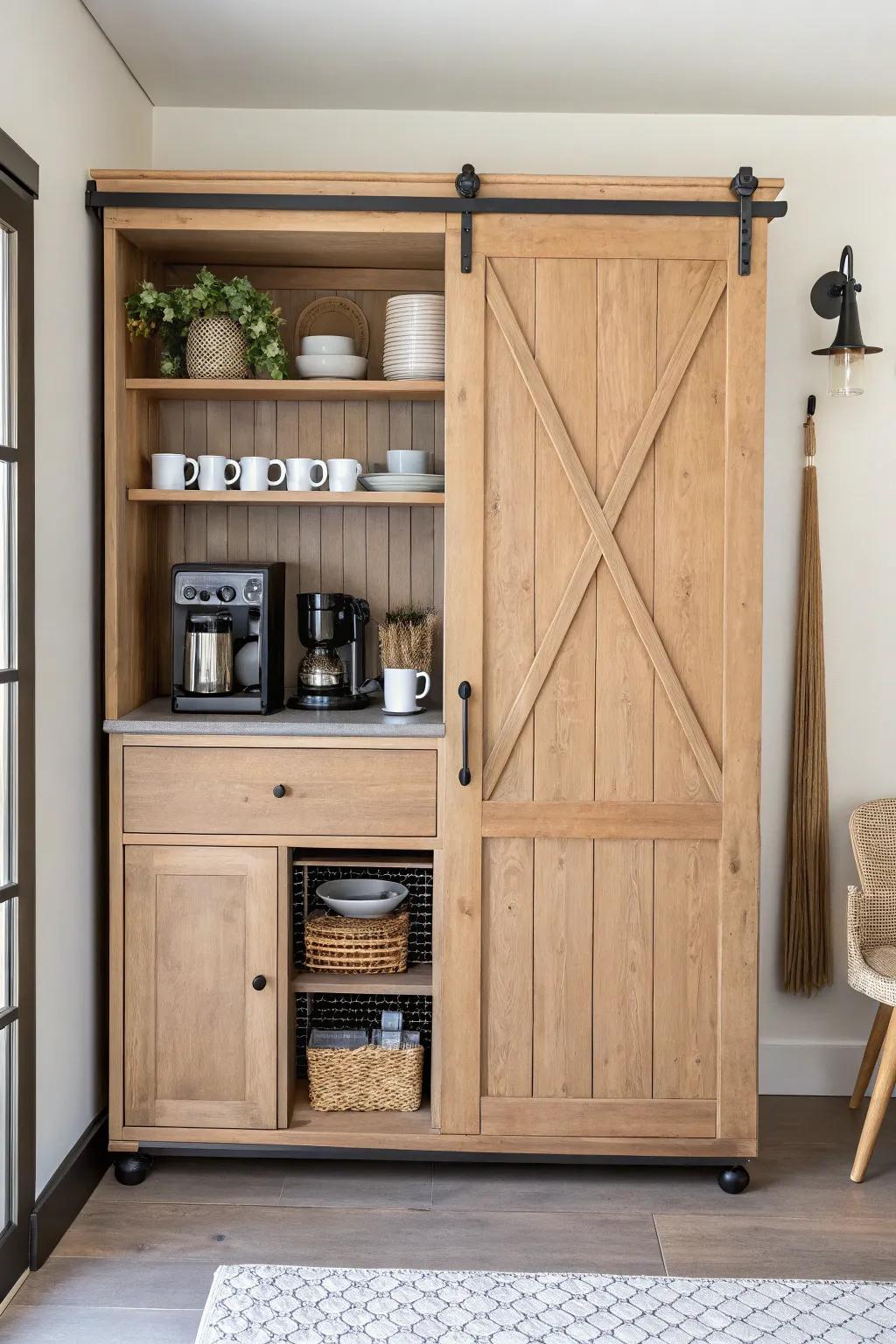 Barn-style sliding doors turn a bulky armoire into a sleek, accessible coffee bar.