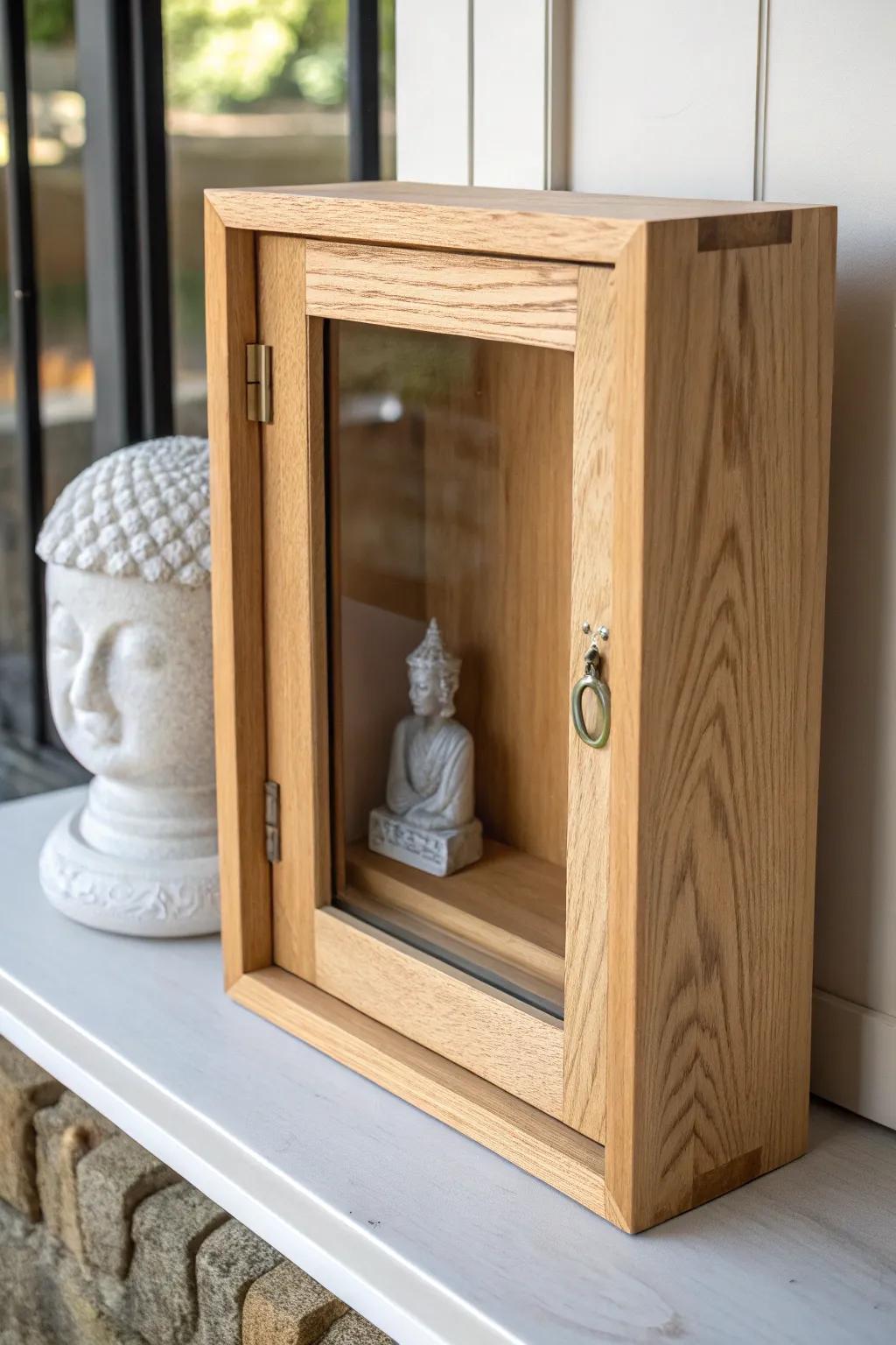 A tiny shadowbox gallery around the door handle—unexpected art at hand level in warm wood.
