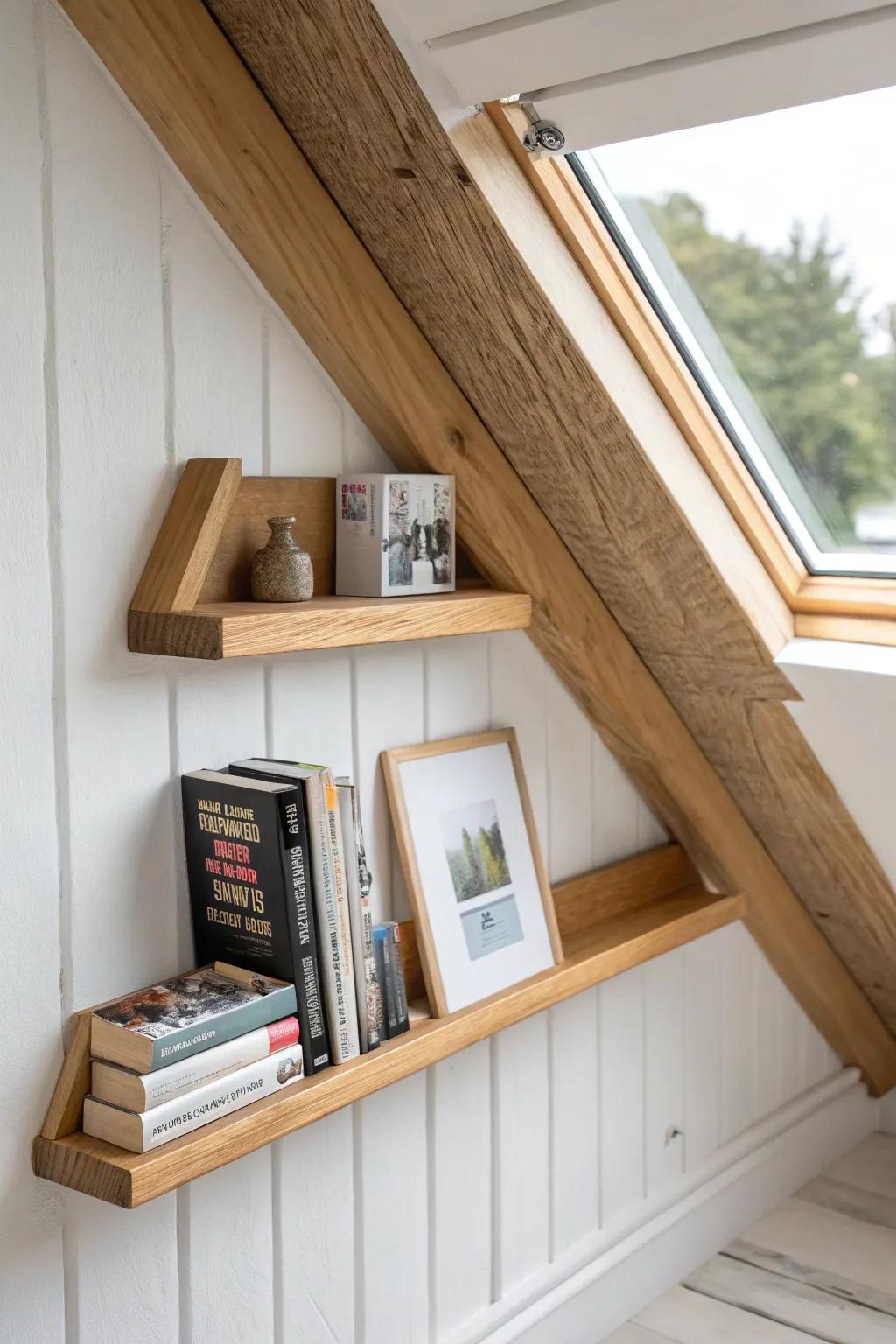 Turn the attic peak into a gallery: a cradle shelf that displays art books face-out.