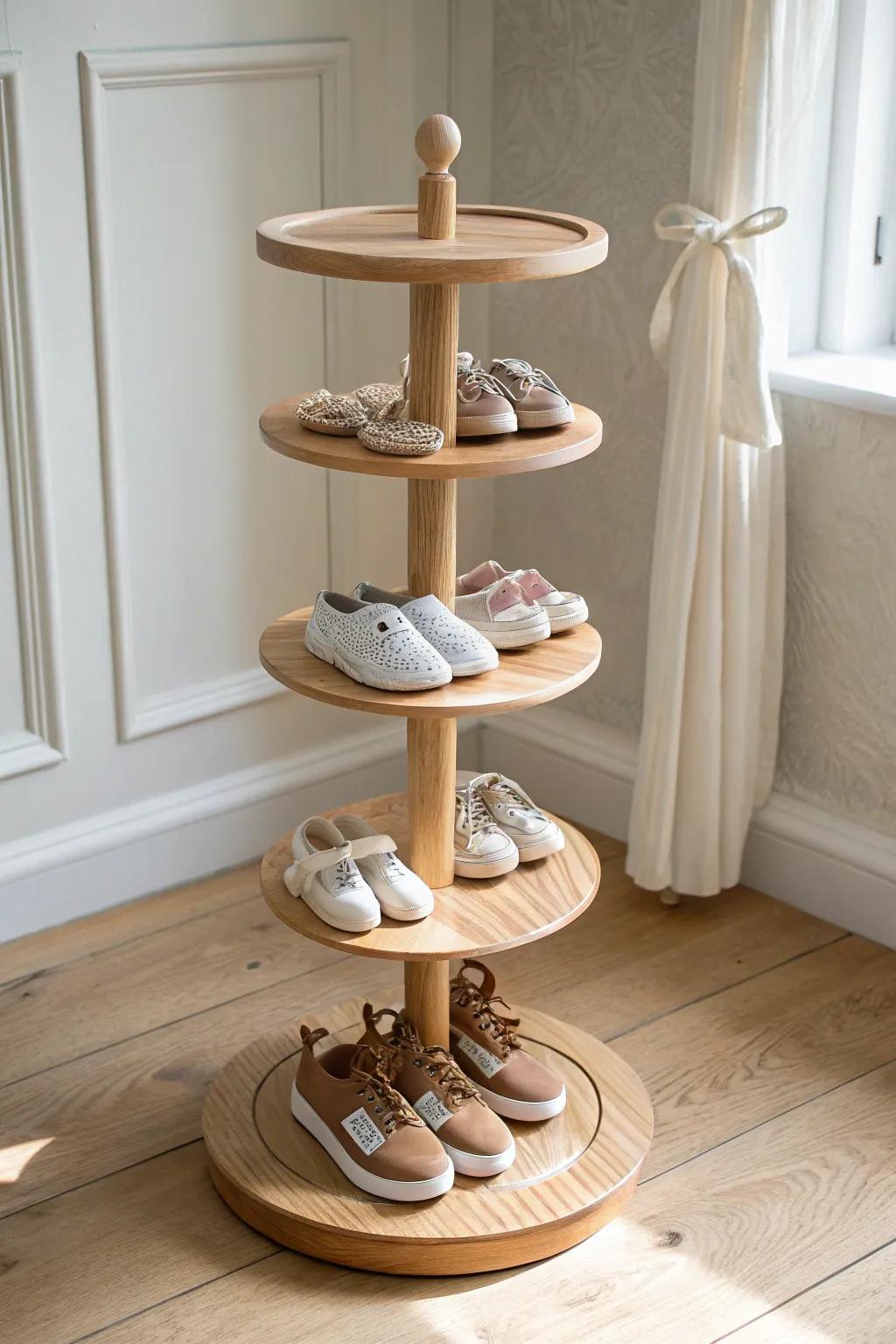 A tiny boutique-style rotating shoe stand—spin to grab any baby pair in seconds.