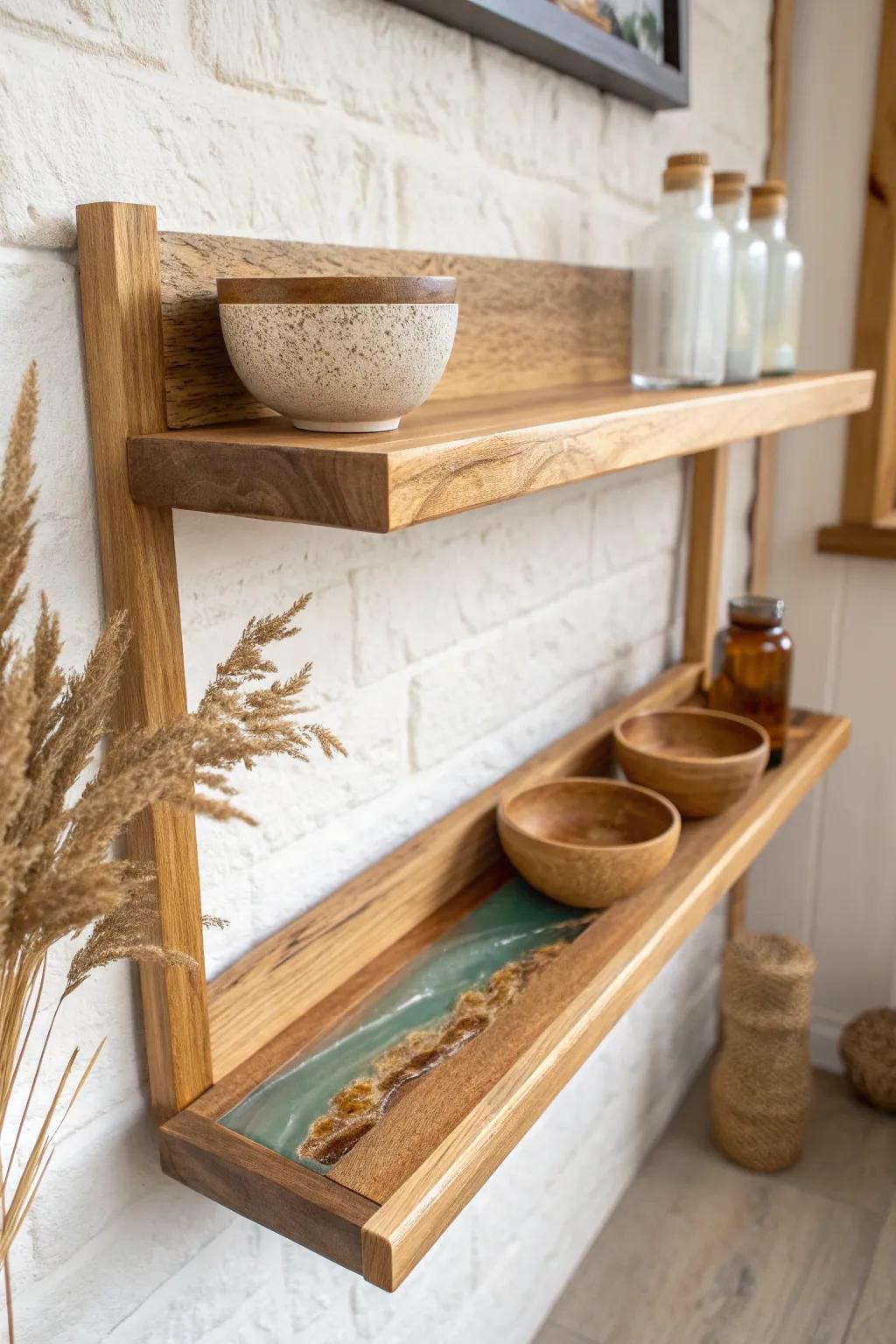 A resin-inlay shelf that catches the light—instant “wow” upgrade for a baker’s rack coffee bar.