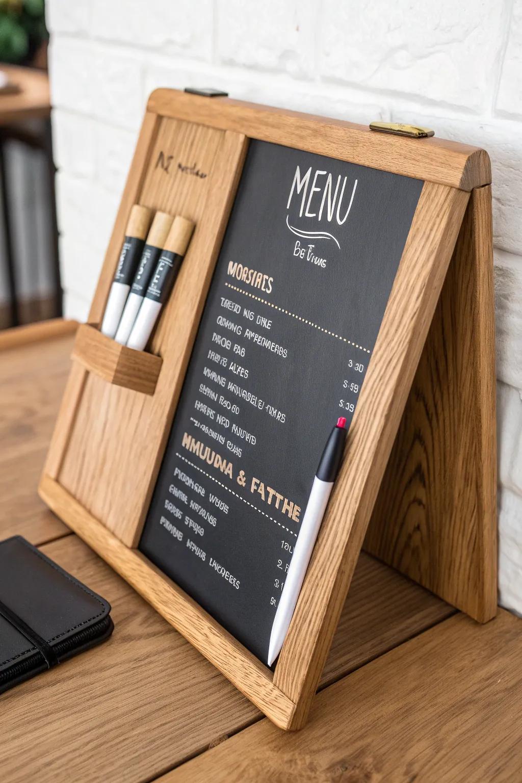 A sleek oak bar board with a hidden pocket to stash chalk, markers, and an eraser—always tidy.