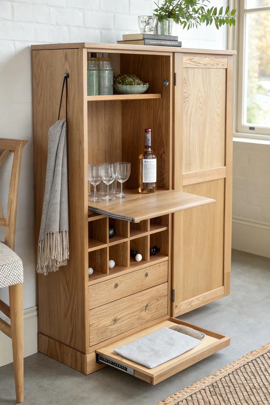 A fold-down Murphy bar in warm oak—small-space lounge vibes with handcrafted simplicity.