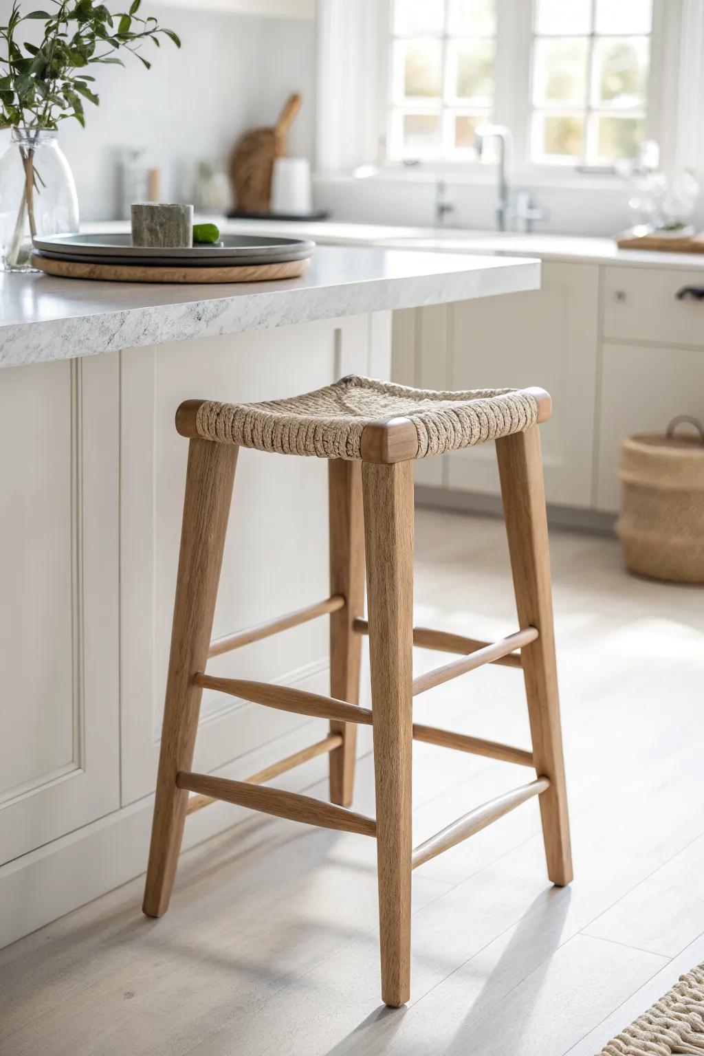 Rope-wrapped footrest detail adds coastal texture to a clean white kitchen bar stool.