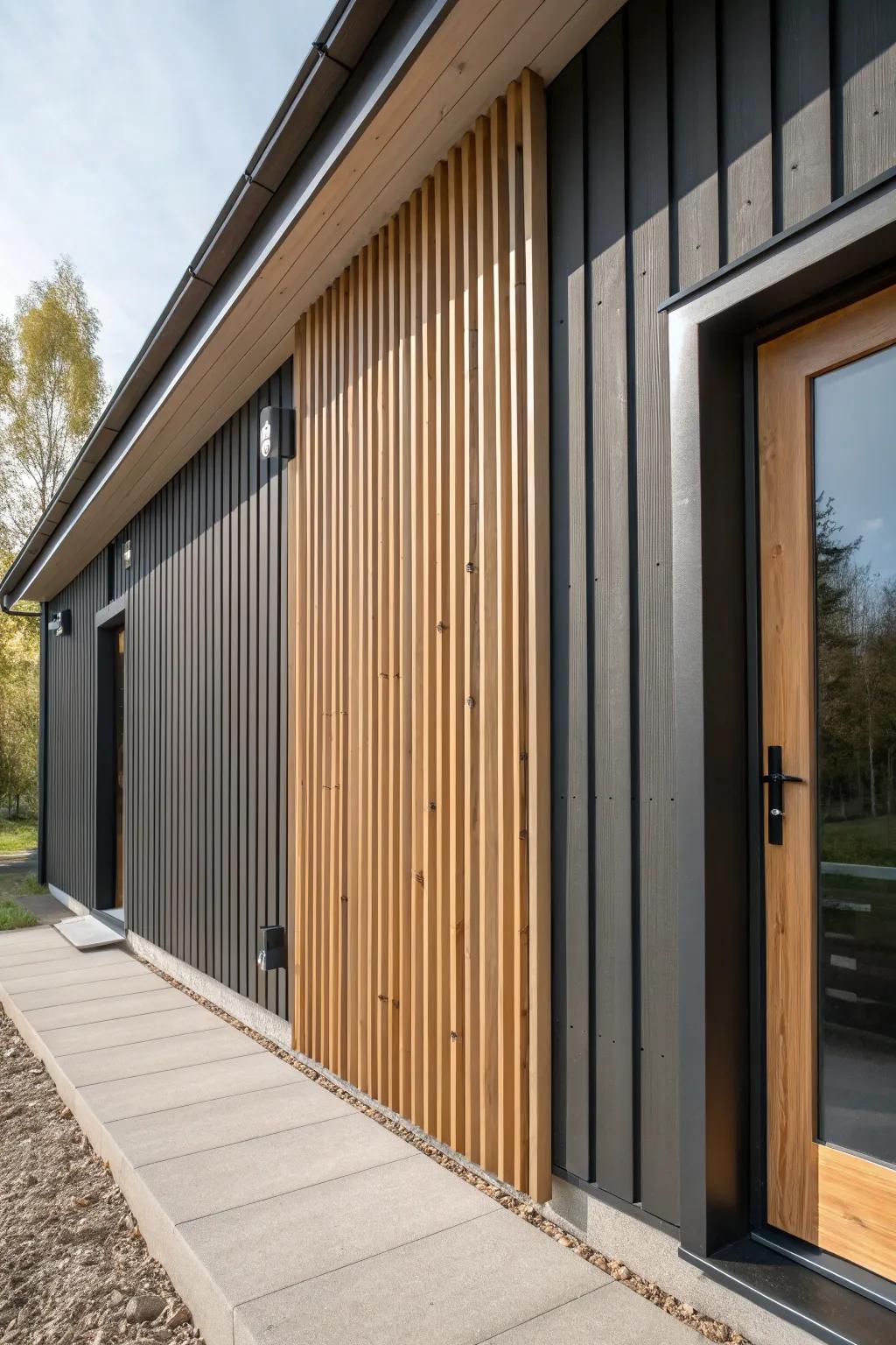 A warm oak slat screen adds luxe depth and shadows over simple barndominium siding.