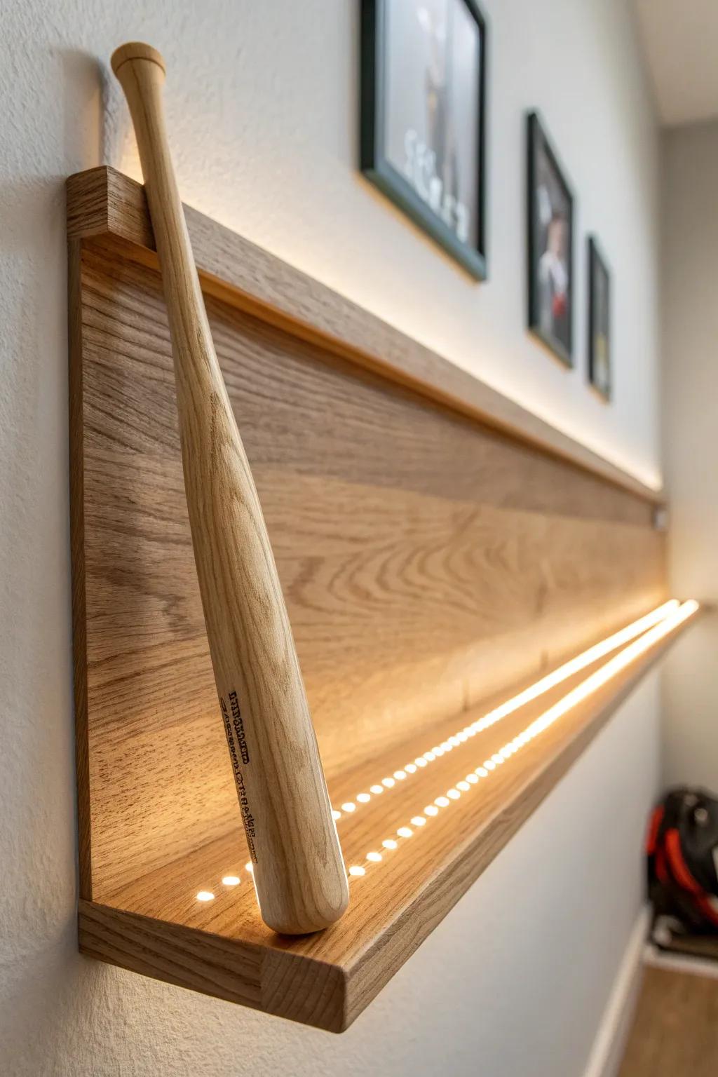 A sleek oak ledge with hidden LEDs turns one bat into a warm, gallery-style statement.