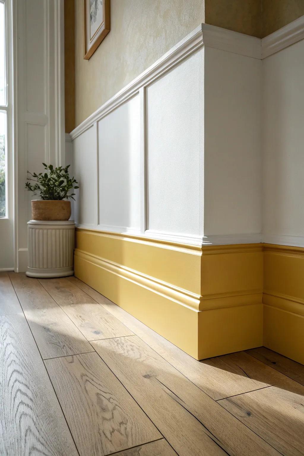 Mustard baseboards: a playful floor-level accent that pops against calm, neutral walls.