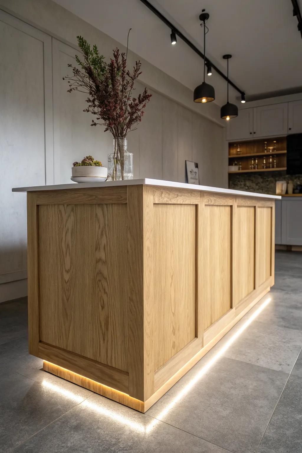 A warm LED toe-kick glow makes this oak island bar feel like it’s floating in your basement.