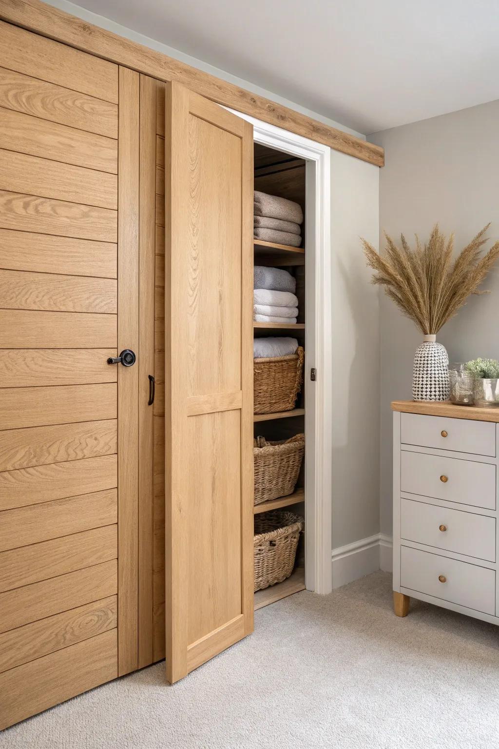 A seamless shiplap panel that swings open to reveal hidden basement storage—clean, calm, clever.