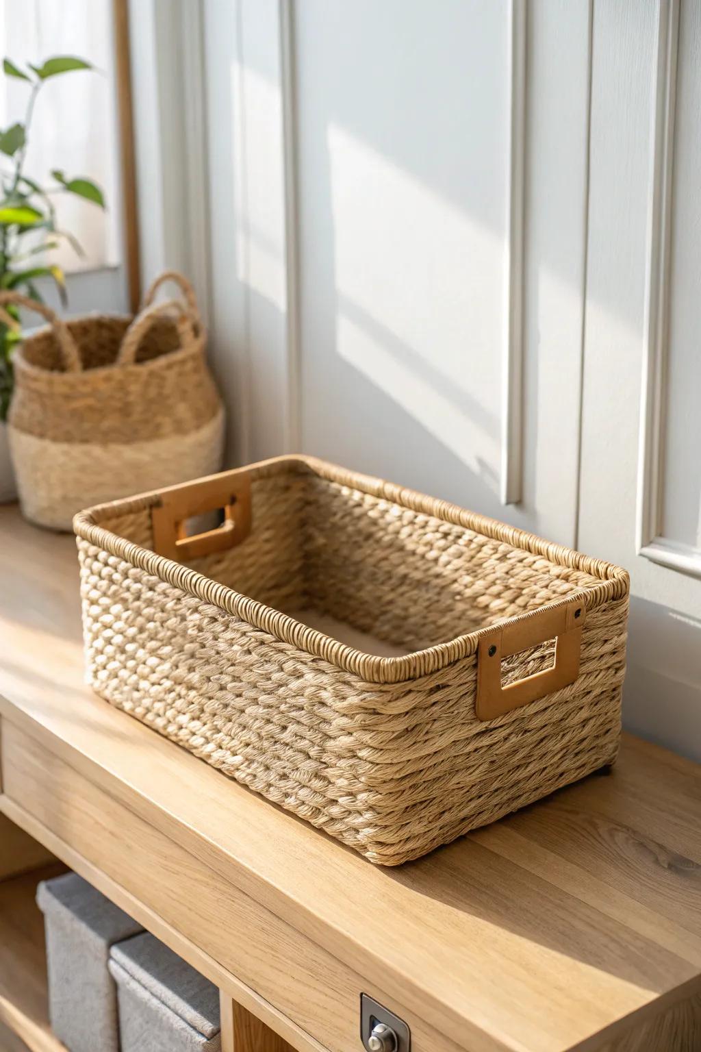 A woven shelf basket elevated with a simple oak face frame—built-in style, effortlessly.