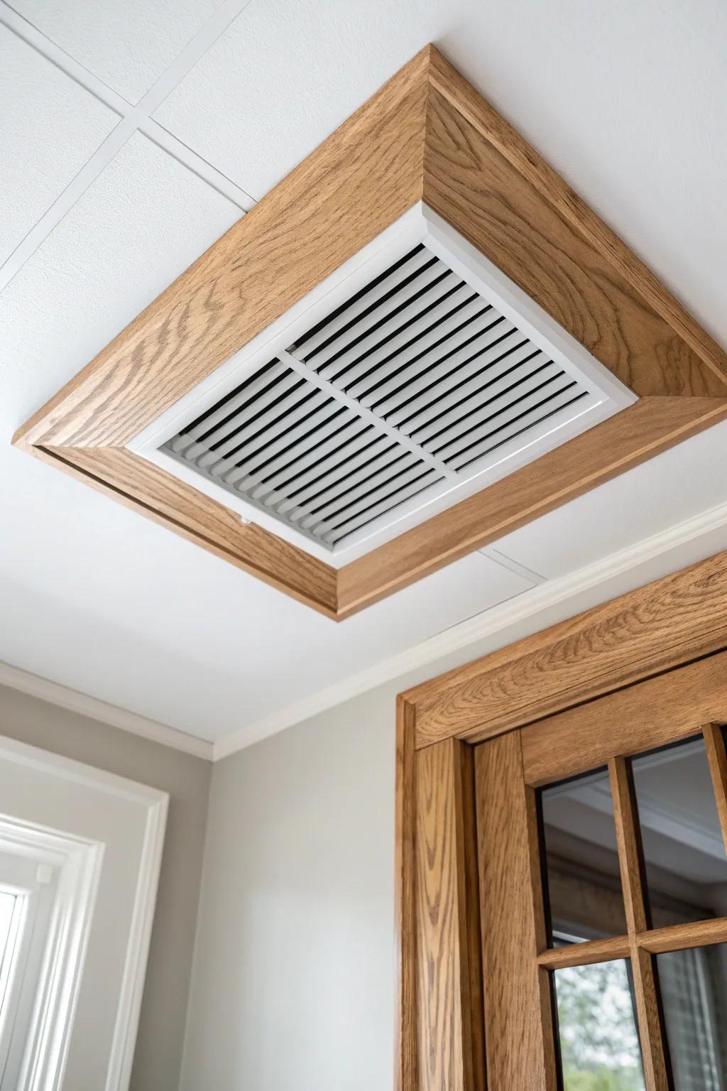 A simple oak trim frame turns a plain bathroom vent into a clean, cohesive ceiling detail.