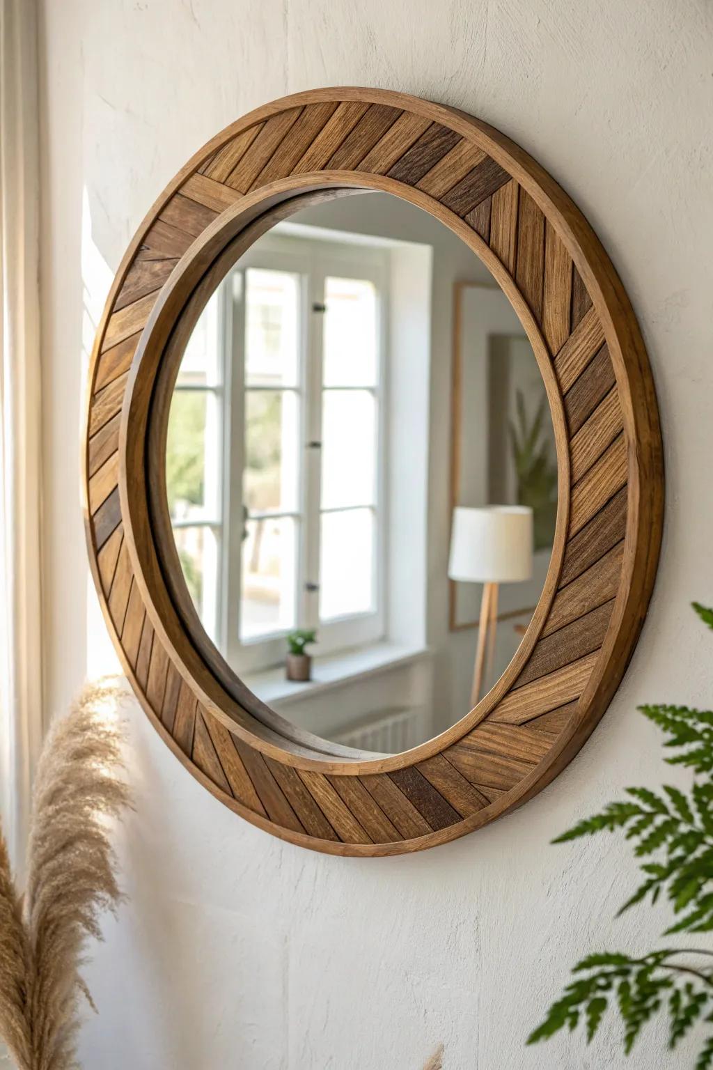 Handcrafted herringbone wood-strip mirror border in contrasting stains—minimal, warm, stunning.