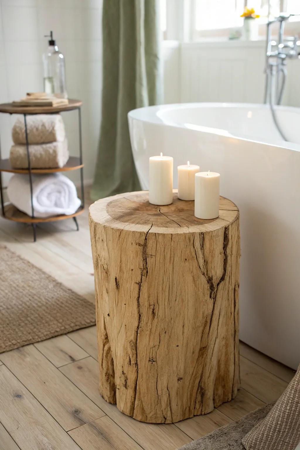 A sealed stump table adds rustic character and practical tub-side charm—cracks included.