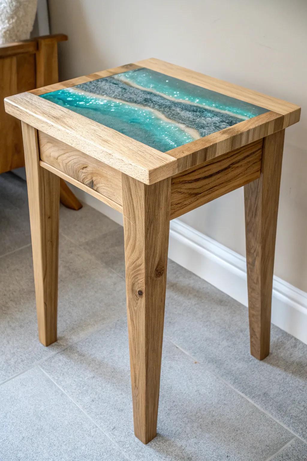 A resin-inlay bathroom side table that shimmers like water—beautiful, durable, and spill-proof.