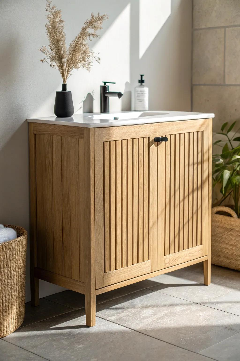 Fluted oak cabinet doors add luxe shadow lines—an easy upgrade for a designer bathroom look.
