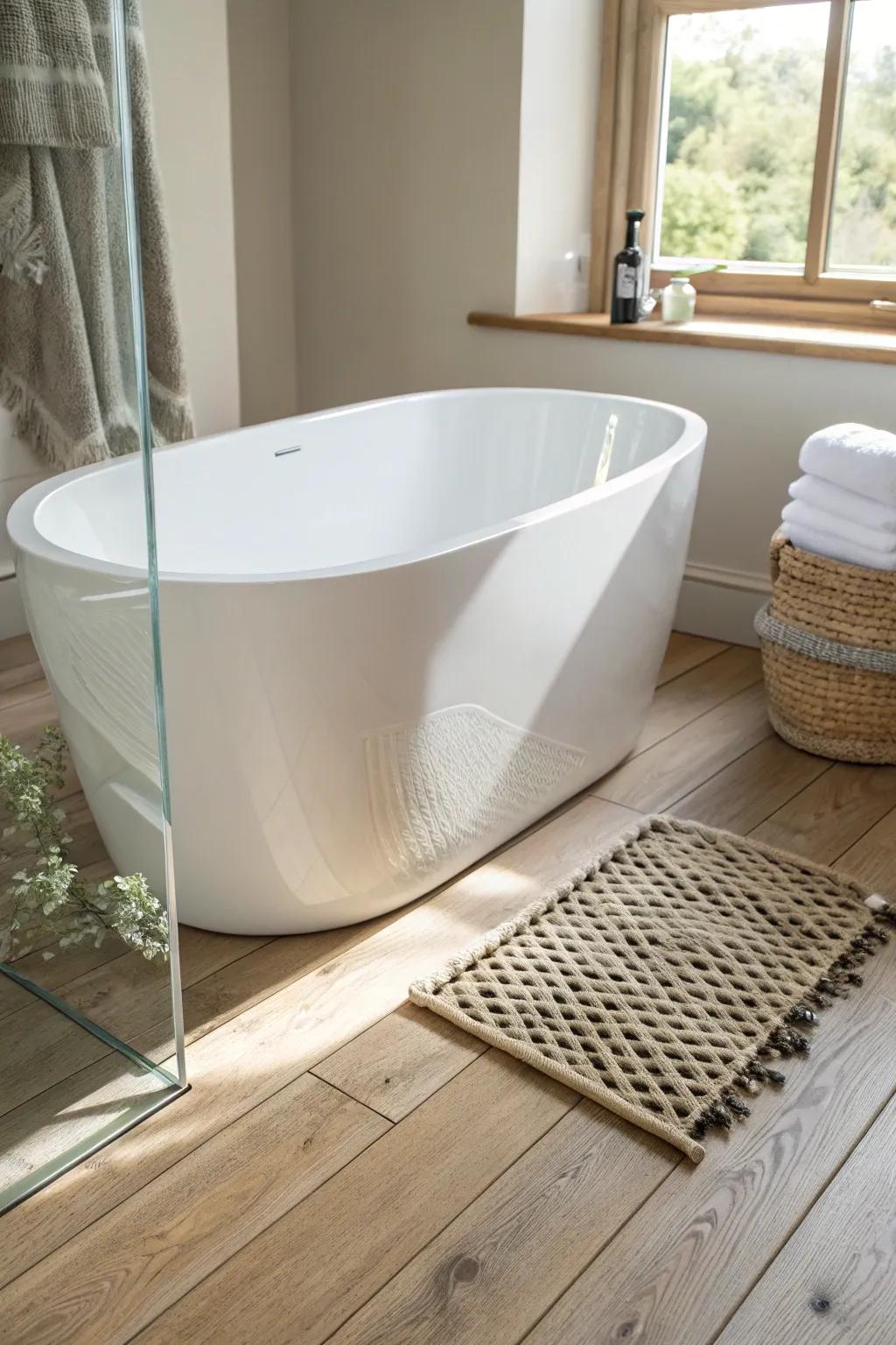 A nearly invisible clear resin toe strip adds a sleek splash guard at the tub-to-floor seam.