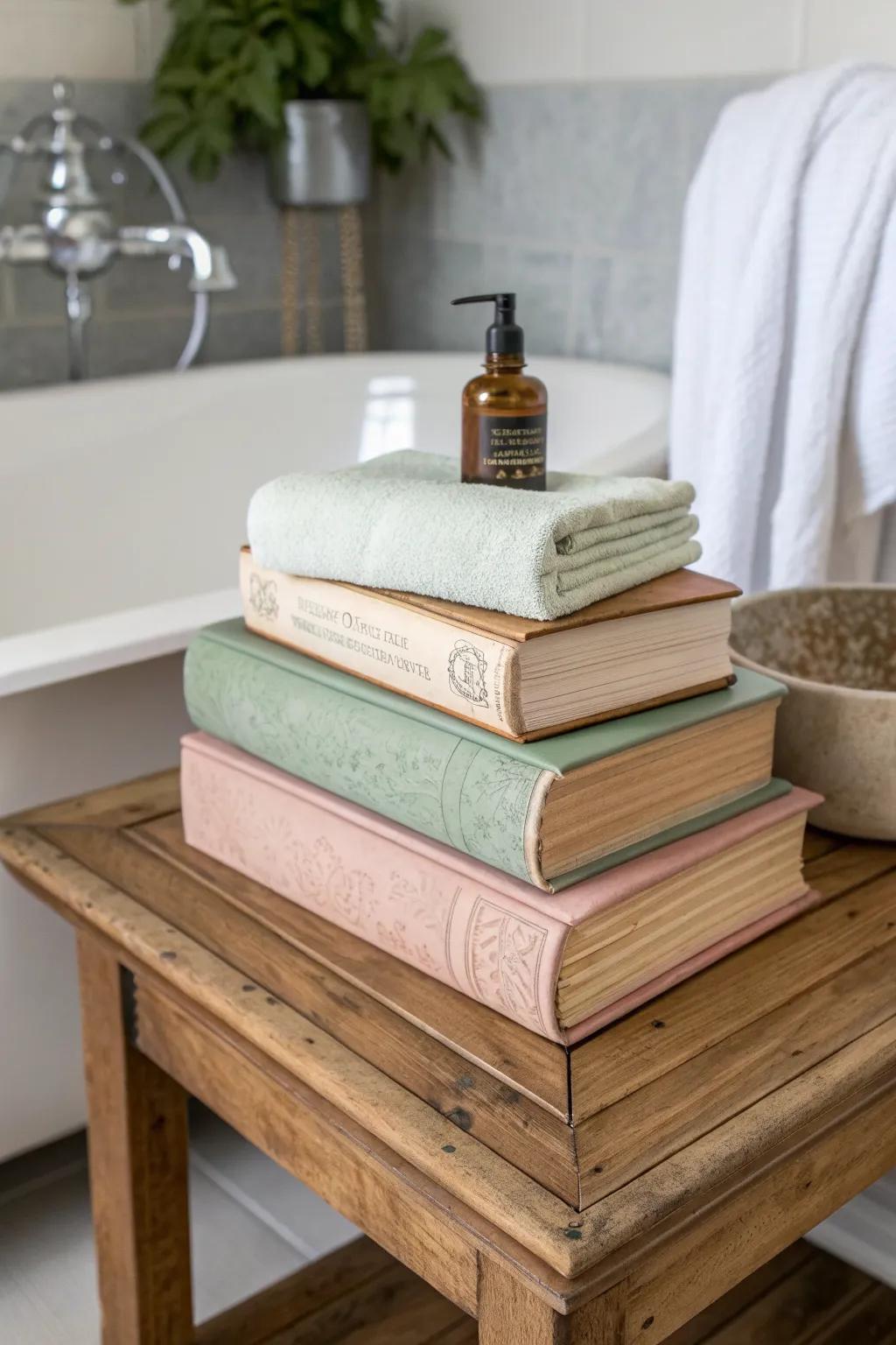 Hidden-storage book stack bath table: lift the top to stash toiletries, keep the spa look.