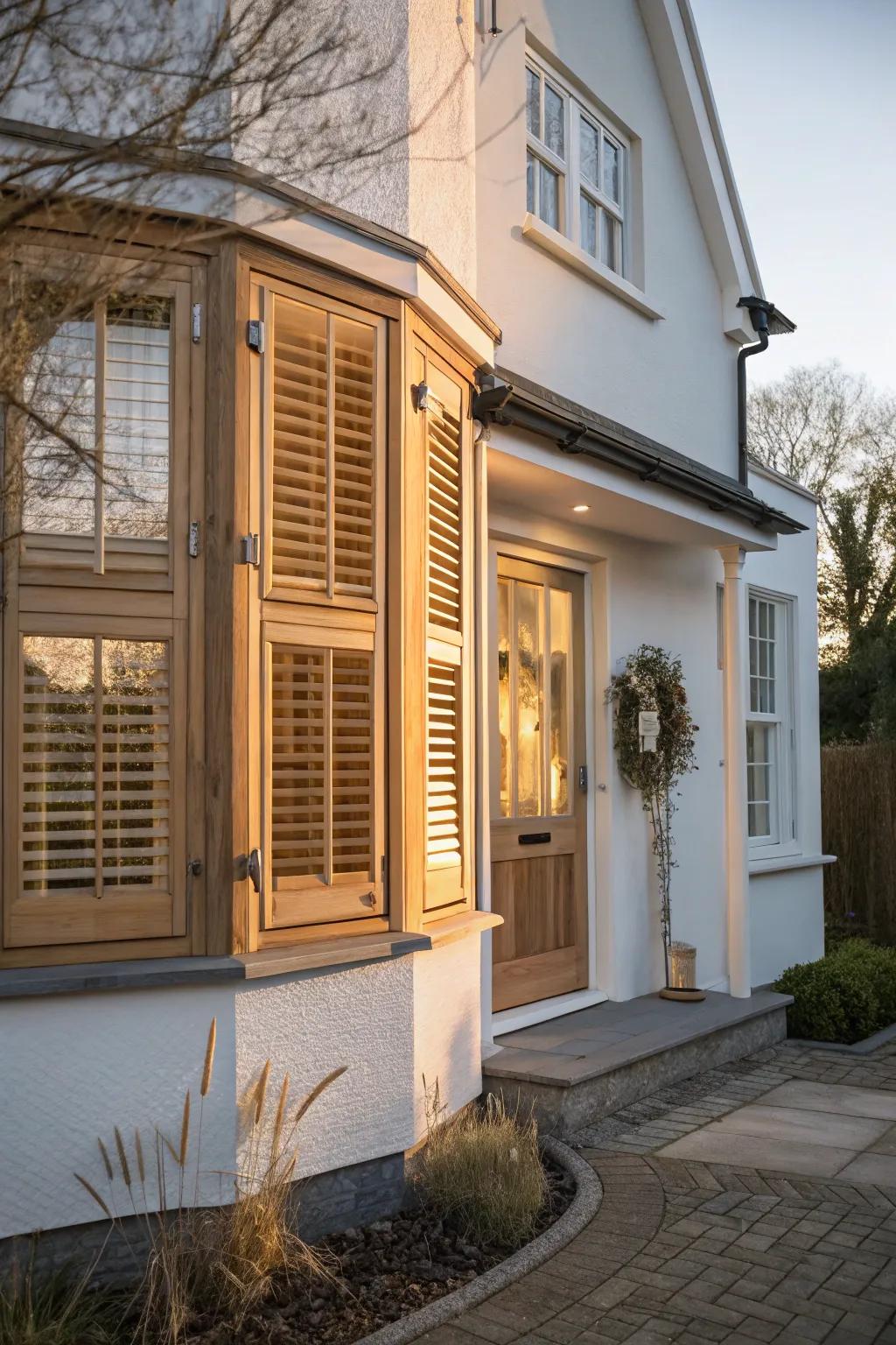 Angled return shutters that hug the bay for a seamless, built-in exterior look.