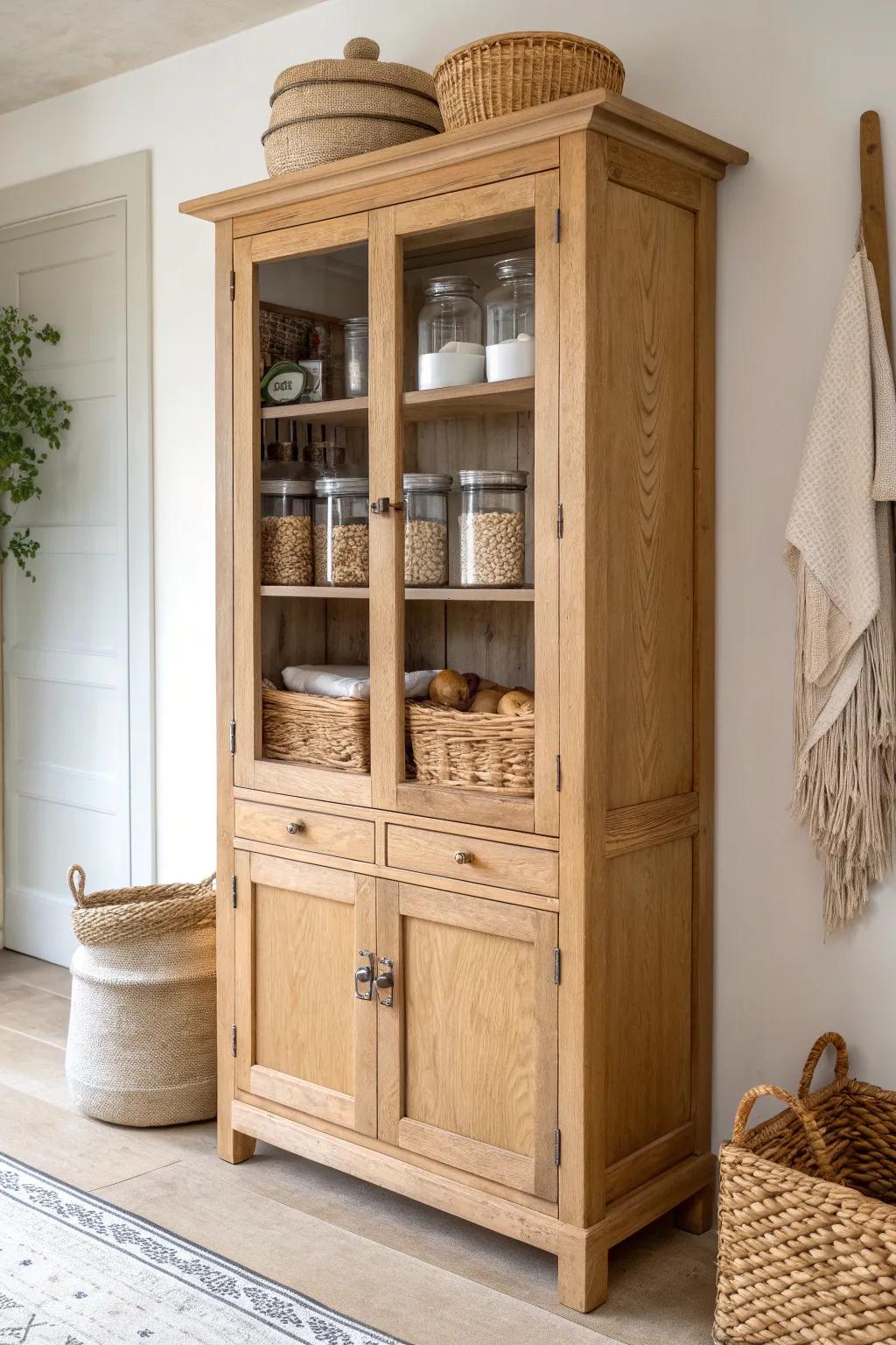 A thrifted vintage hutch becomes a pantry with warm wood grain and calm, minimalist charm.