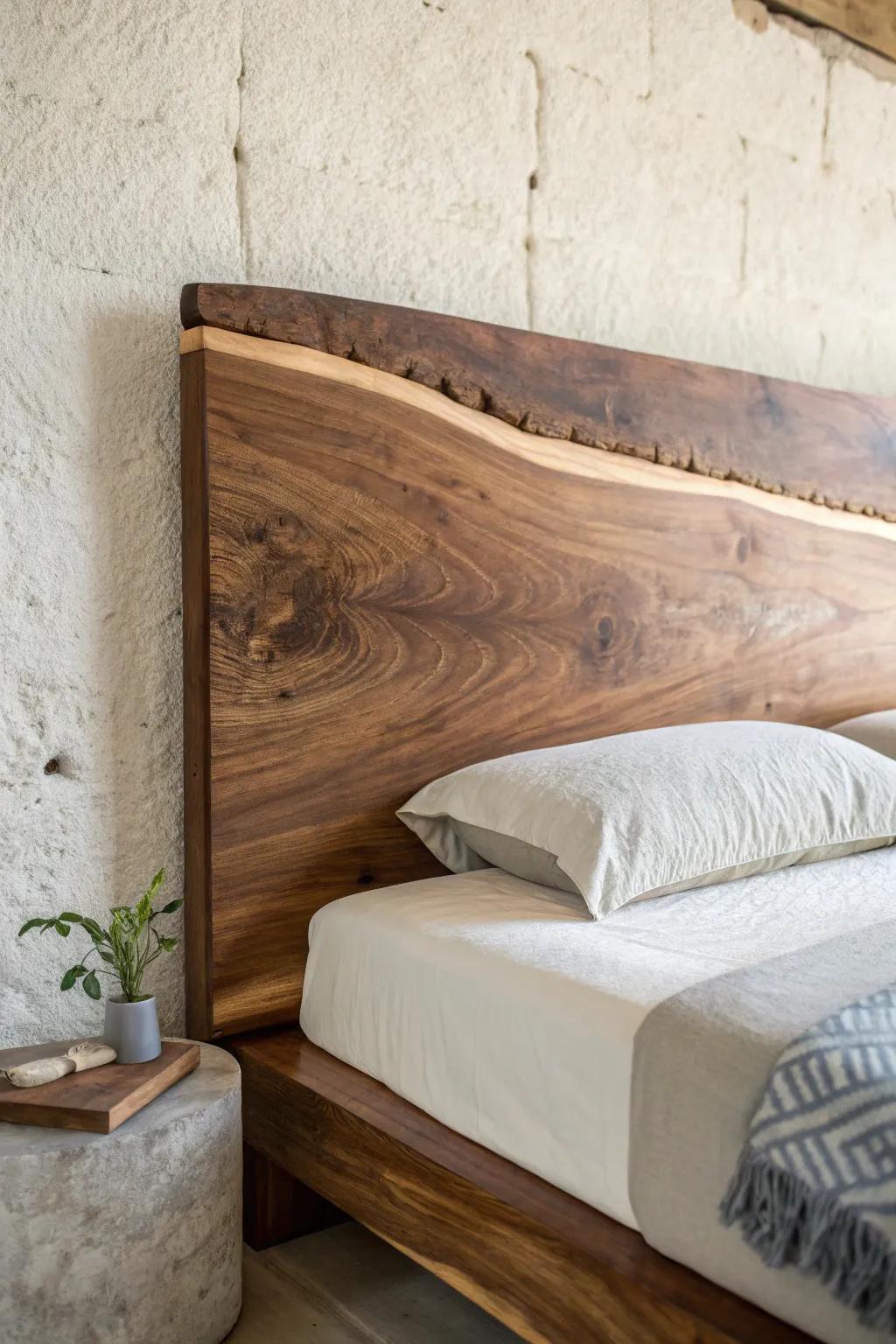 Live-edge headboard with a shimmering resin river—minimal, warm, and quietly dramatic.