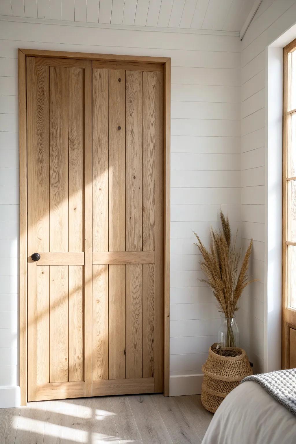 Shiplap-style closet door face: warm wood texture, clean lines, and modern farmhouse charm.