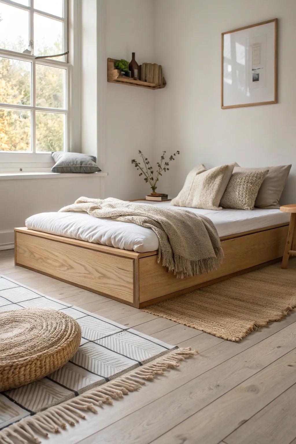 A raised wood lounge platform with oversized floor cushions—minimal, cozy, and handcrafted.