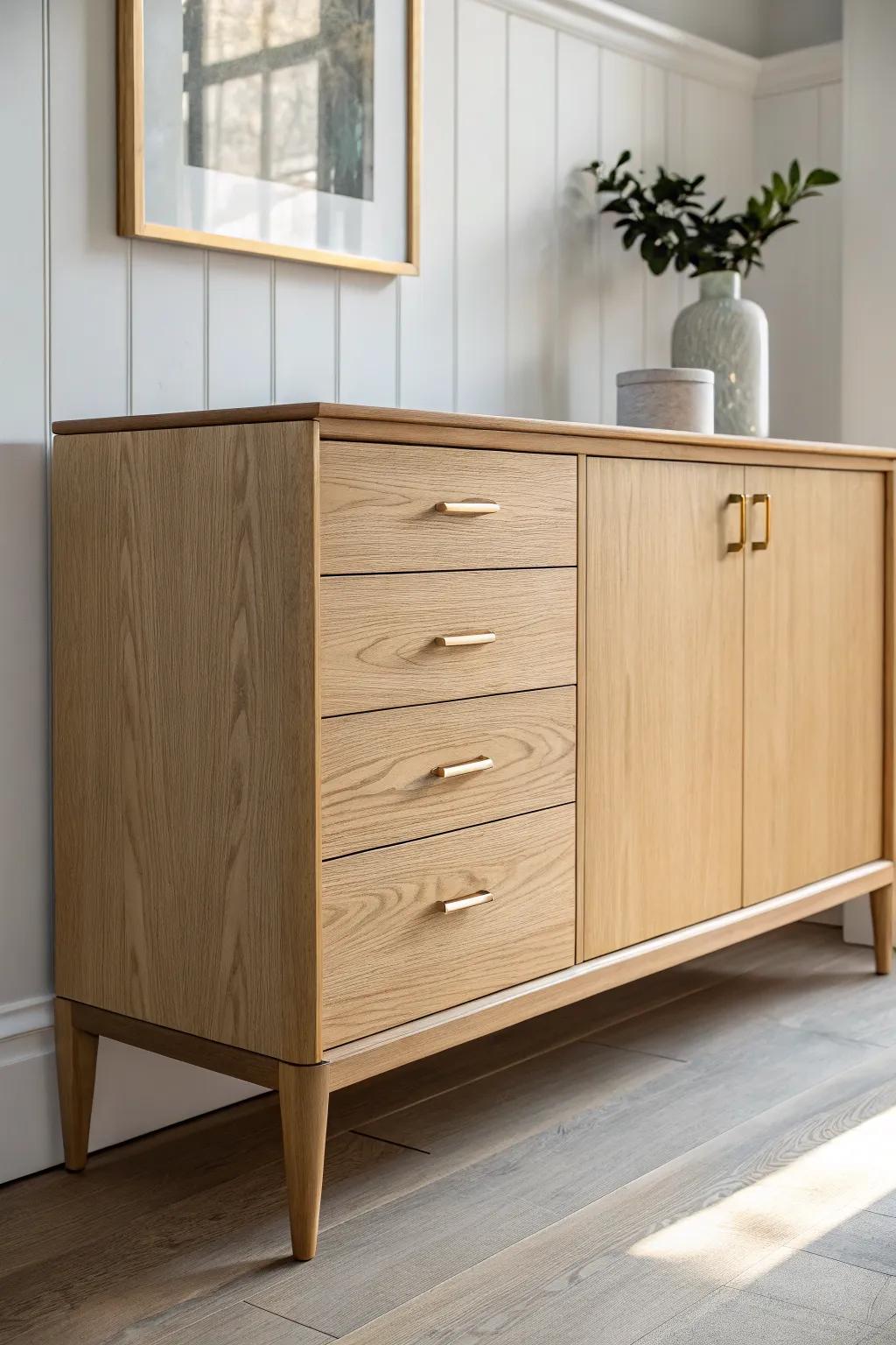 Swap in brushed brass pulls for an instant sideboard glow-up—fast, feminine, and custom.