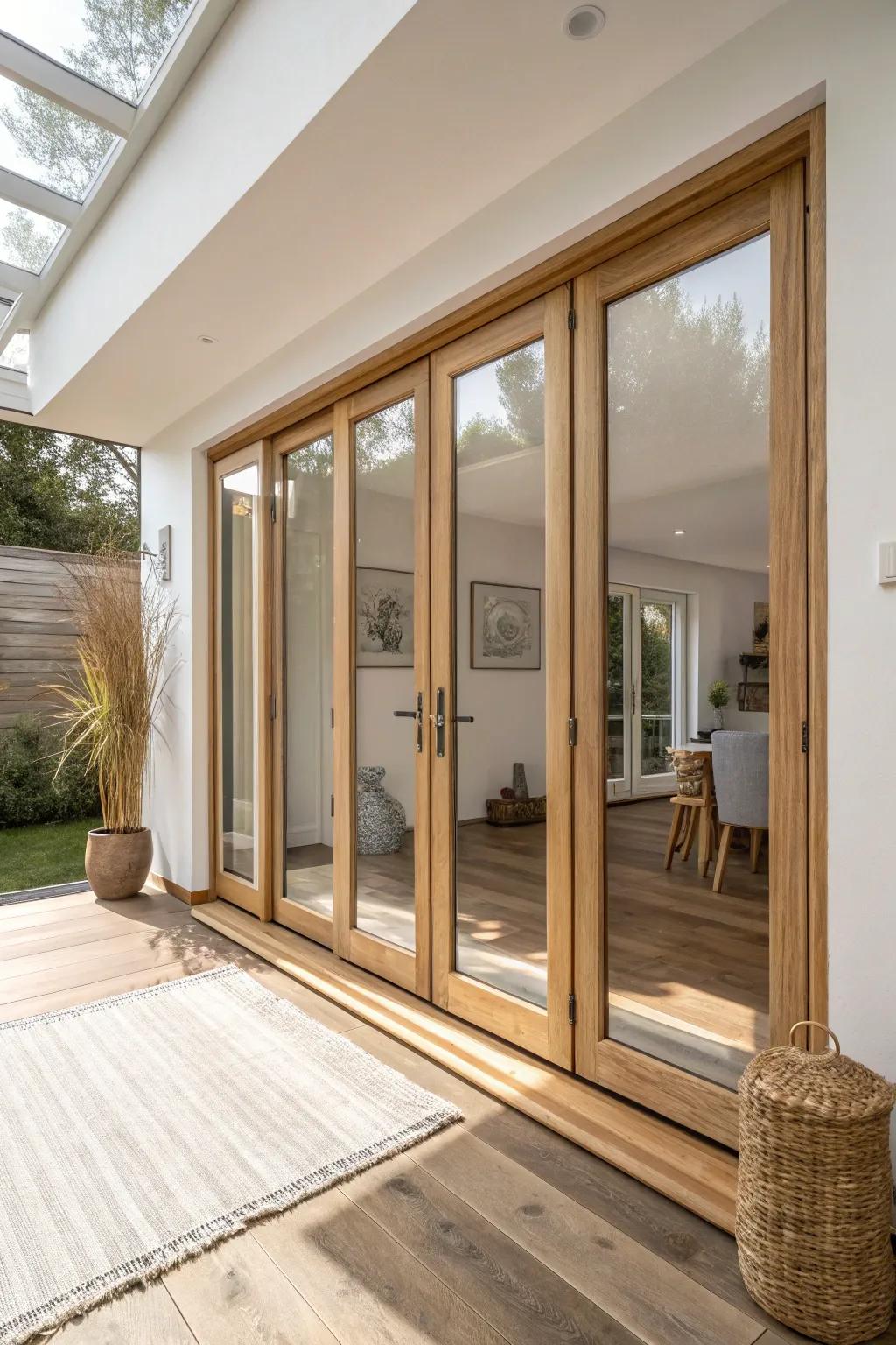 Full-width glass bifold doors in pale oak—one fold and the whole wall opens to the patio.