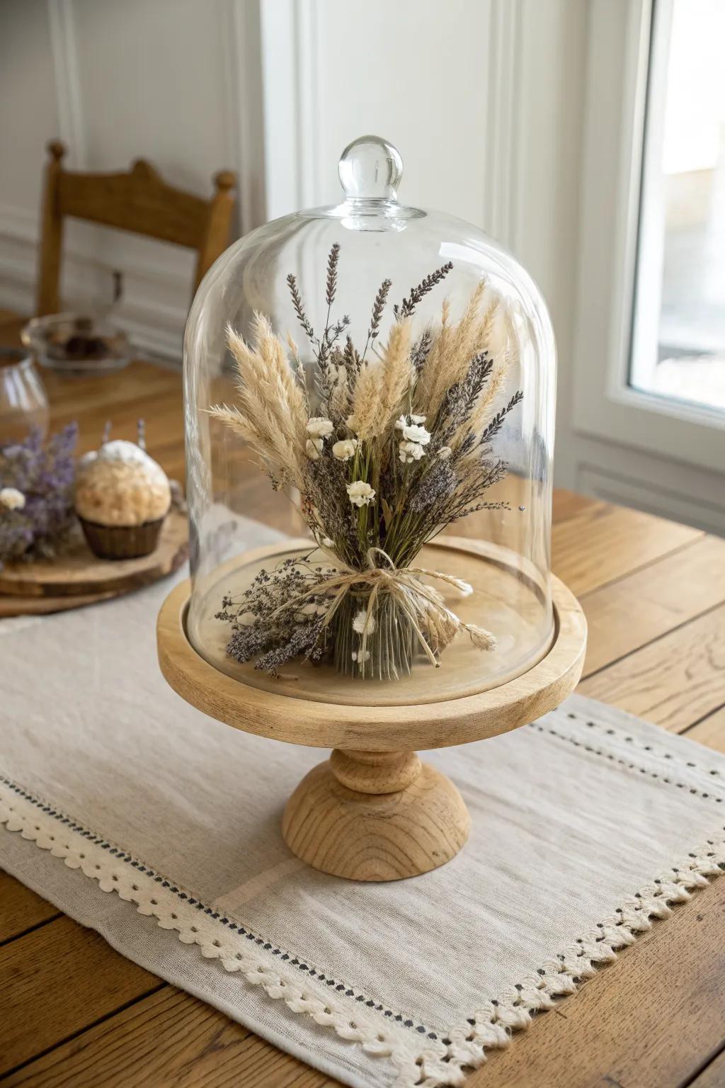 A dreamy glass cloche of dried lavender and botanicals—simple bistro table charm.