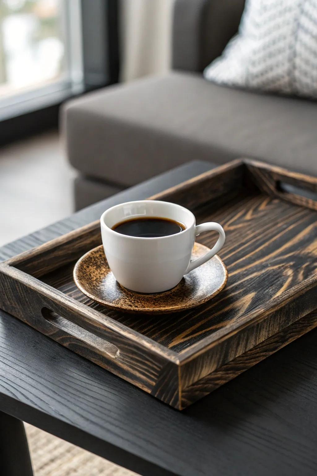 Black-on-black drama: a charred wood tray adds texture and glow to a sleek coffee table.