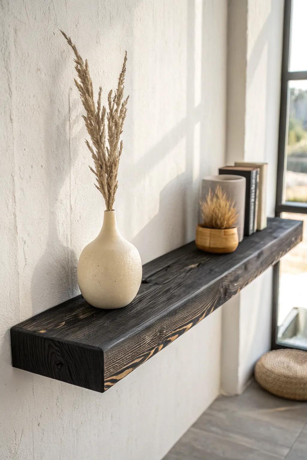 Charred-black floating shelf with velvety grain, styled with pale ceramics for high contrast.