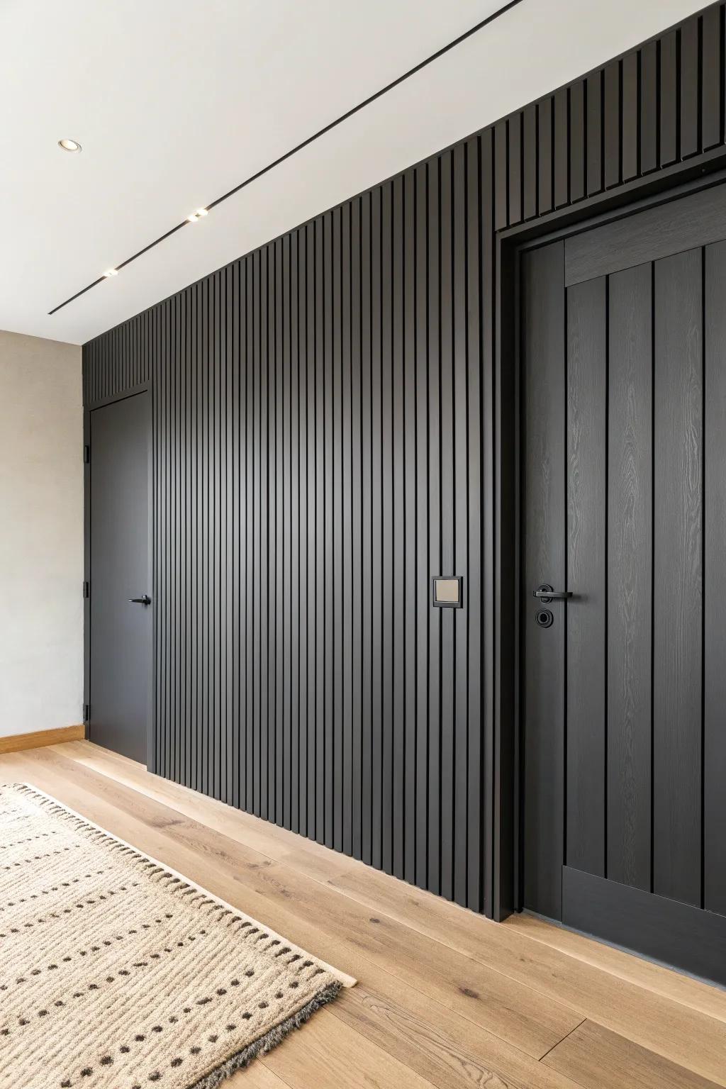 Seamless matte-black slat paneling that hides a door—clean lines, high contrast, and craft.