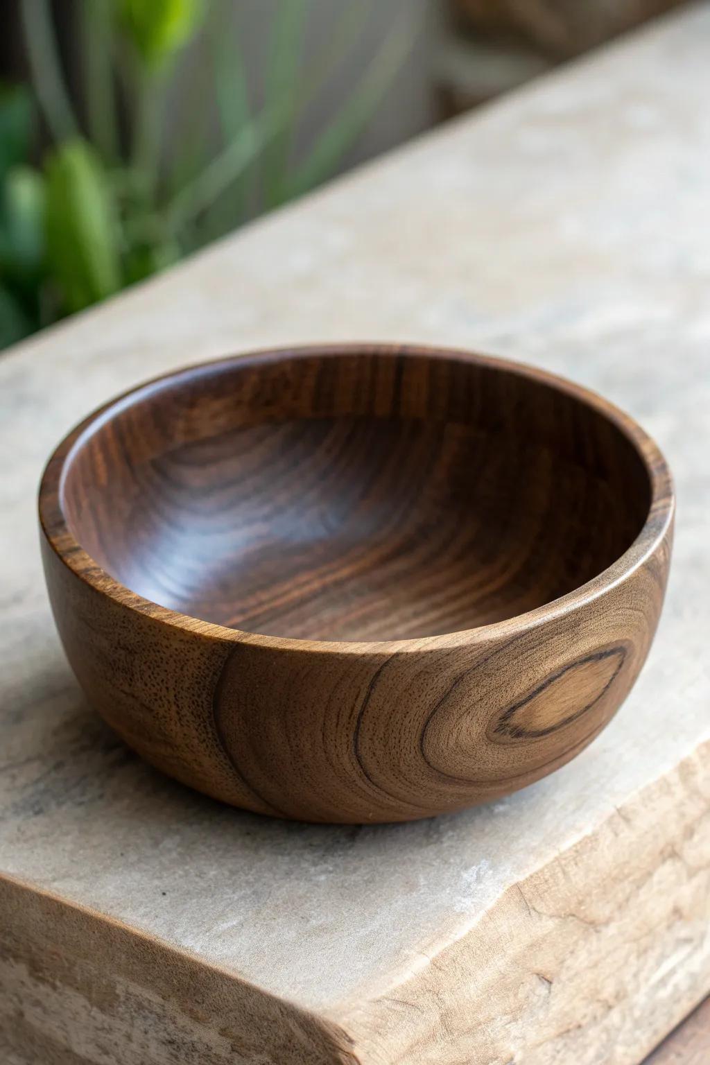 Hand-turned black walnut bowl with a dramatic sapwood ring—minimal, warm, and unique.