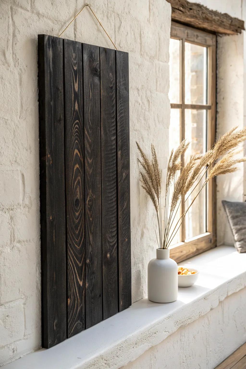 Charred wood against crisp white and black accents—minimal, bold, and beautifully organic.