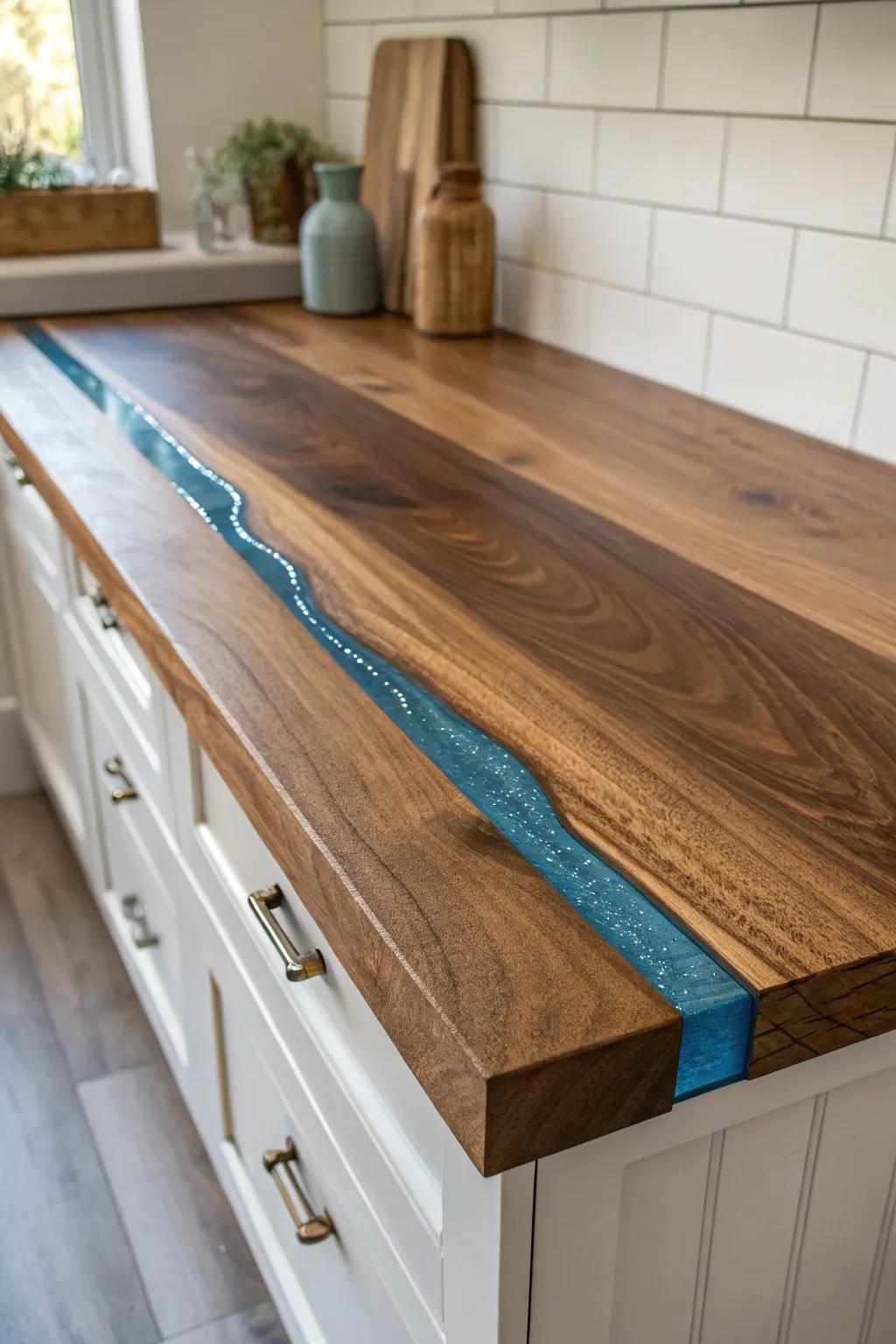 Walnut countertop with a luminous blue epoxy river inlay—minimal, bold, and handmade.