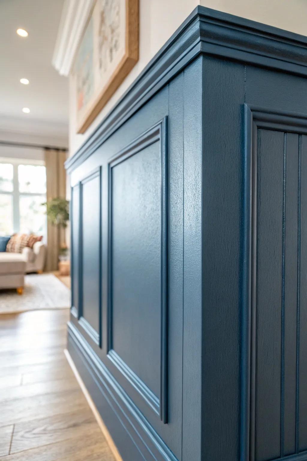 Matte blue wainscoting with a glossy clear-resin inlay—subtle, luxe, and handmade.