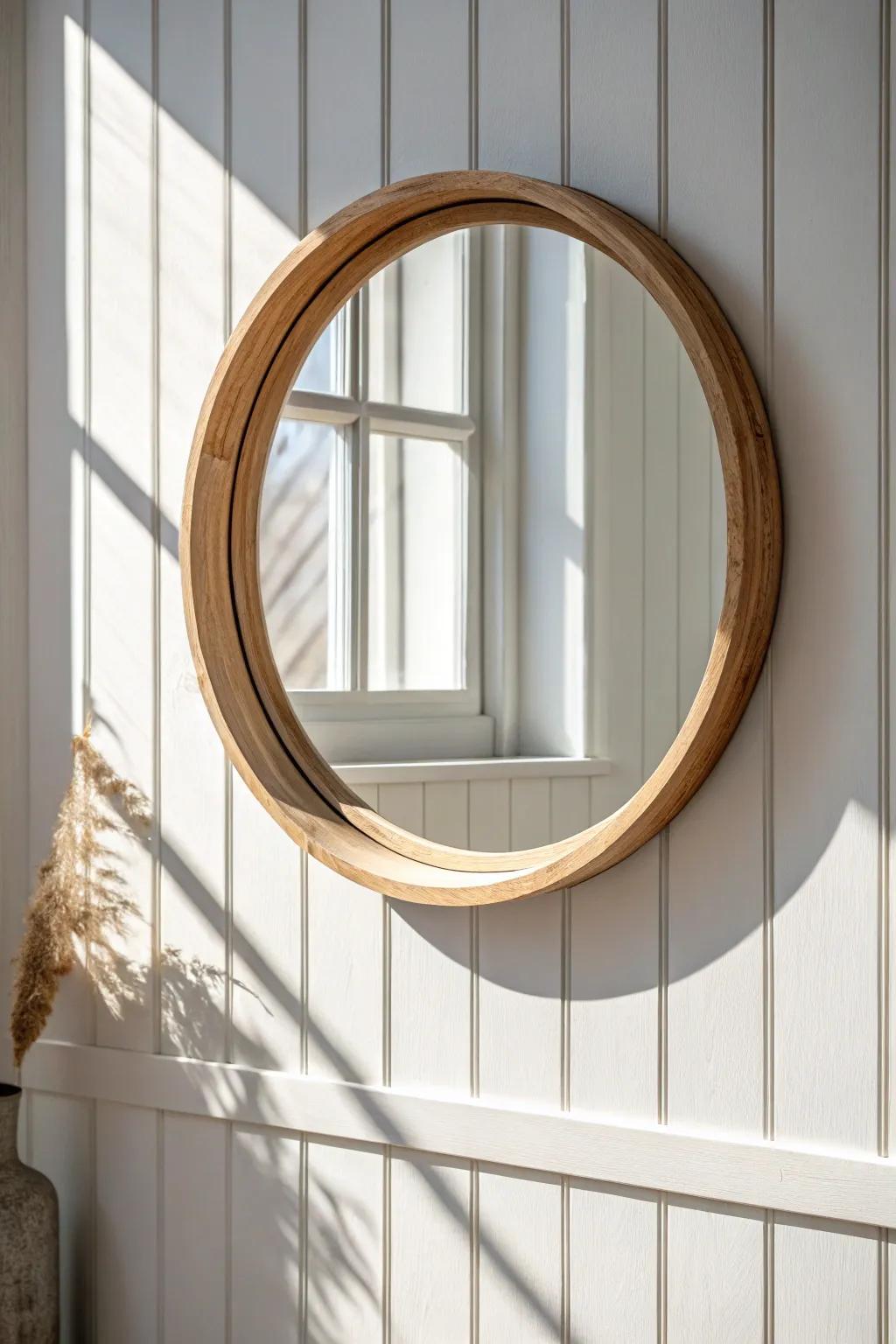 A rounded oak mirror softens sharp board-and-batten lines for a balanced, airy bathroom look.
