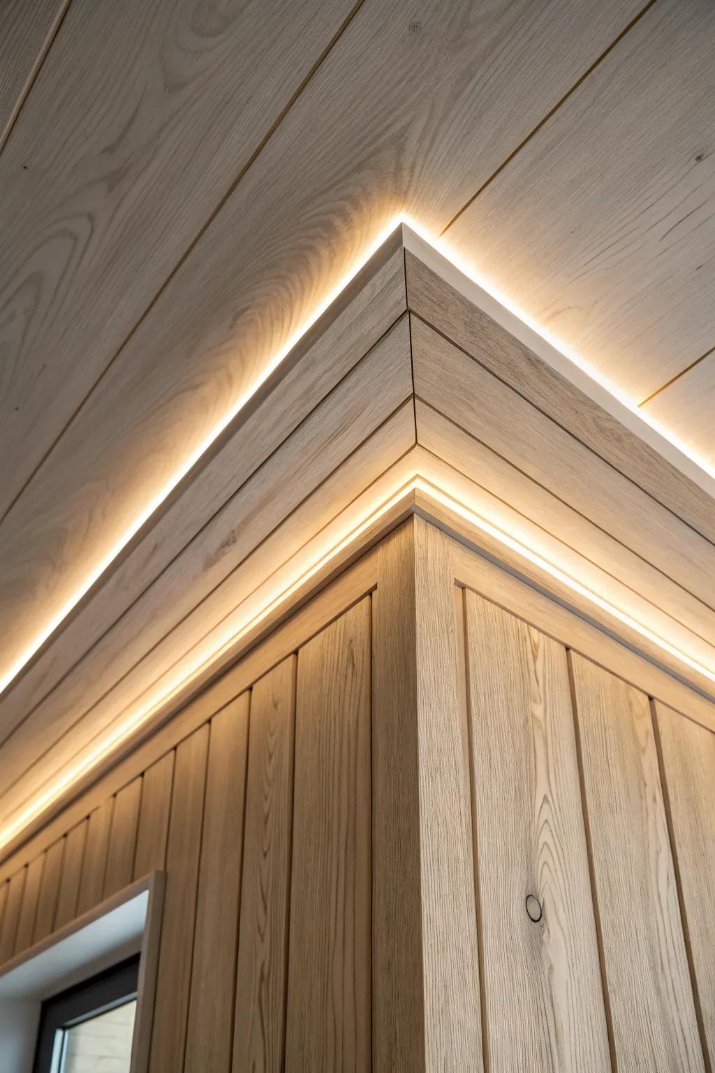 Hidden LED glow lines behind oak battens make a classic ceiling grid feel softly floating.