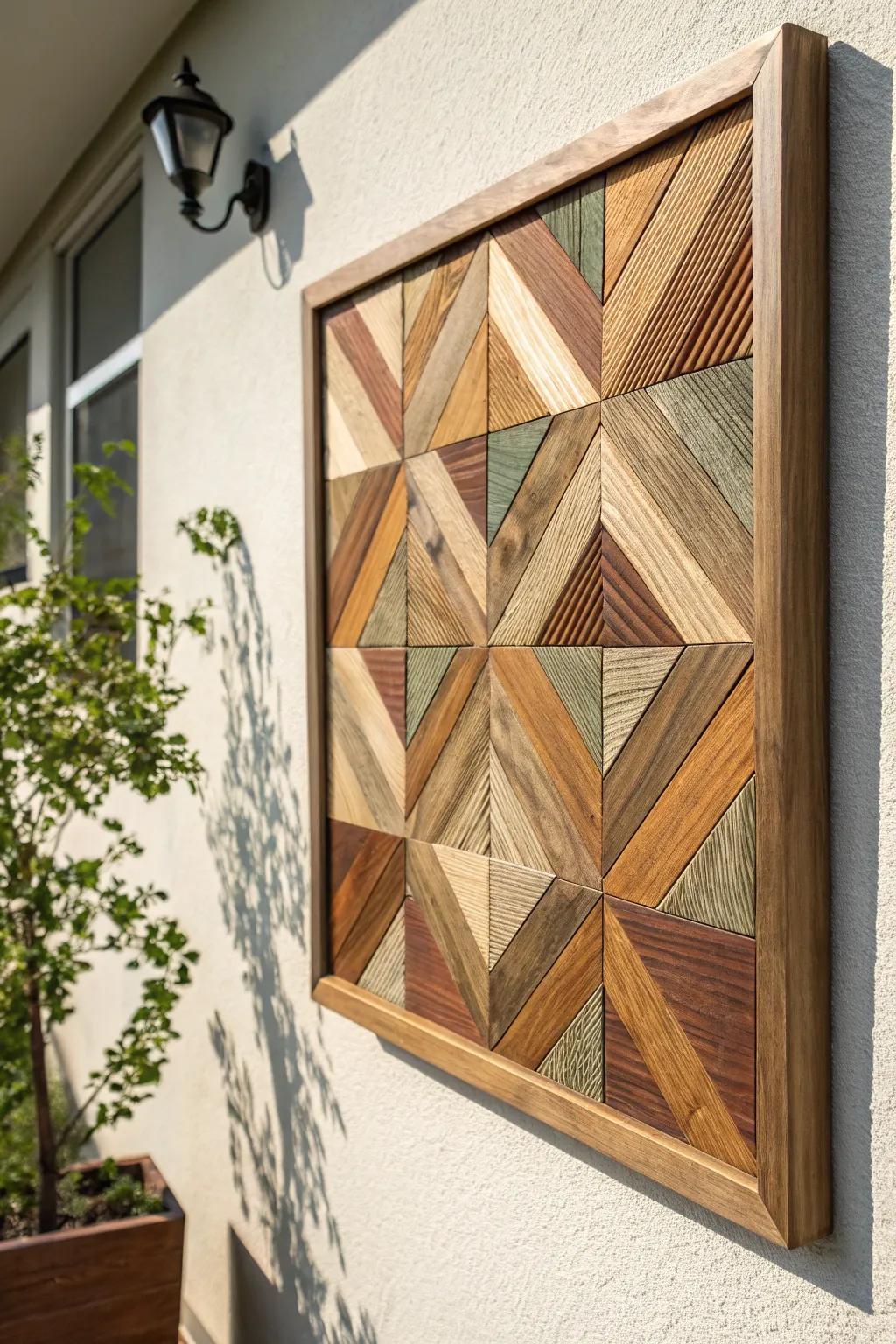 Wood mosaic statement wall with earthy resin inlays—minimalist boho texture, beautifully bold.